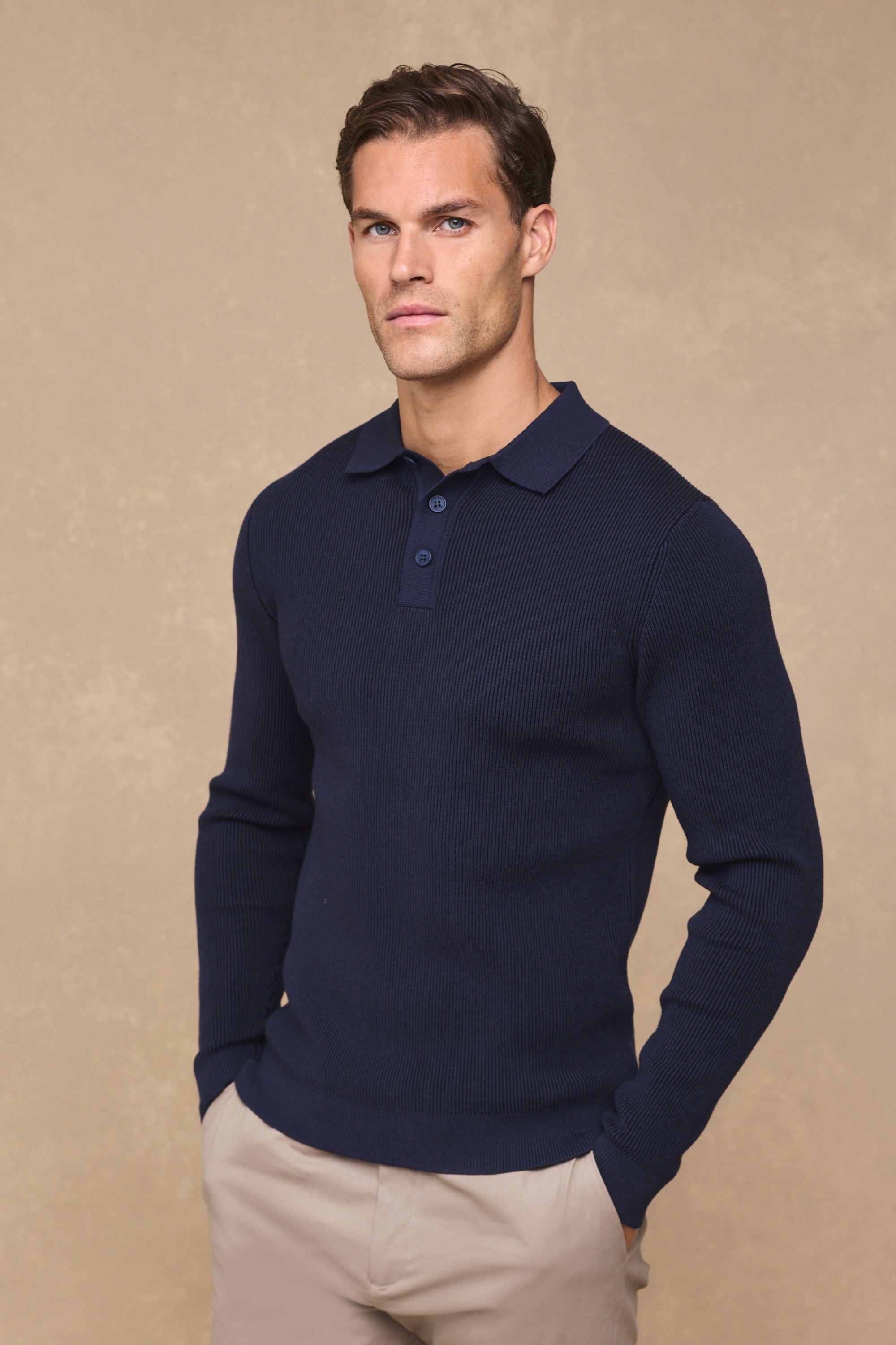 Angus Rib Knit Polo - Navy