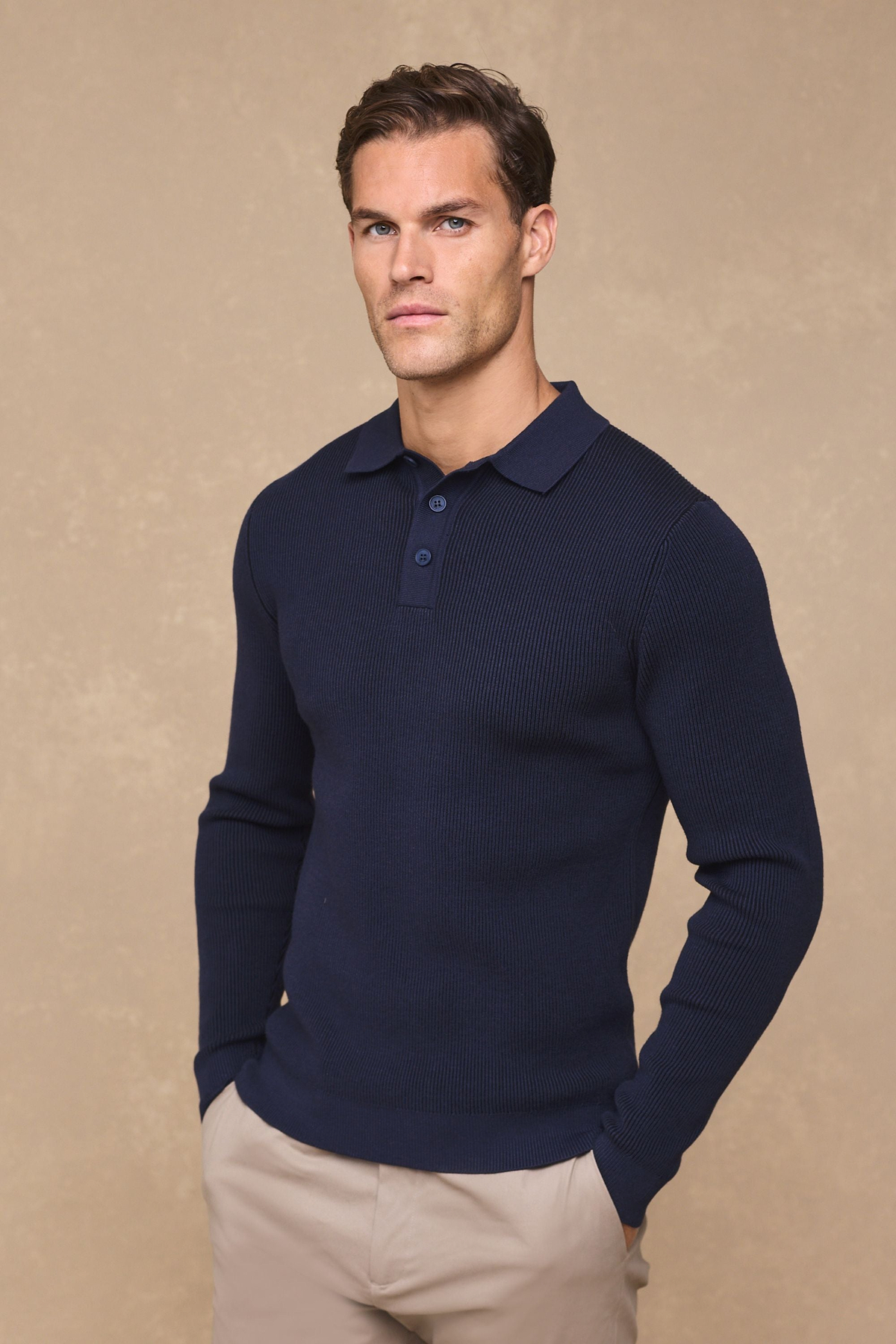 Angus Rib Knit Polo - Navy
