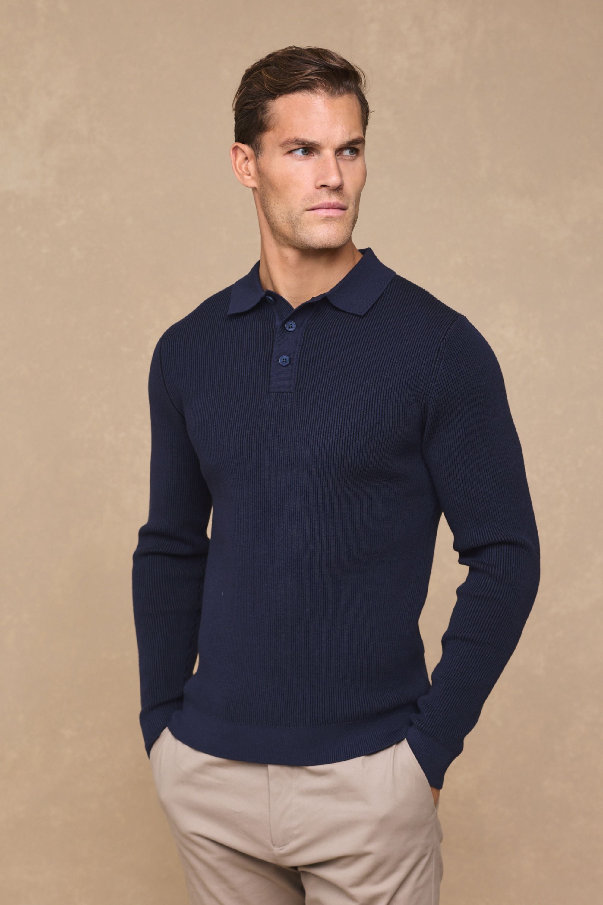 Angus Rib Knit Polo - Navy