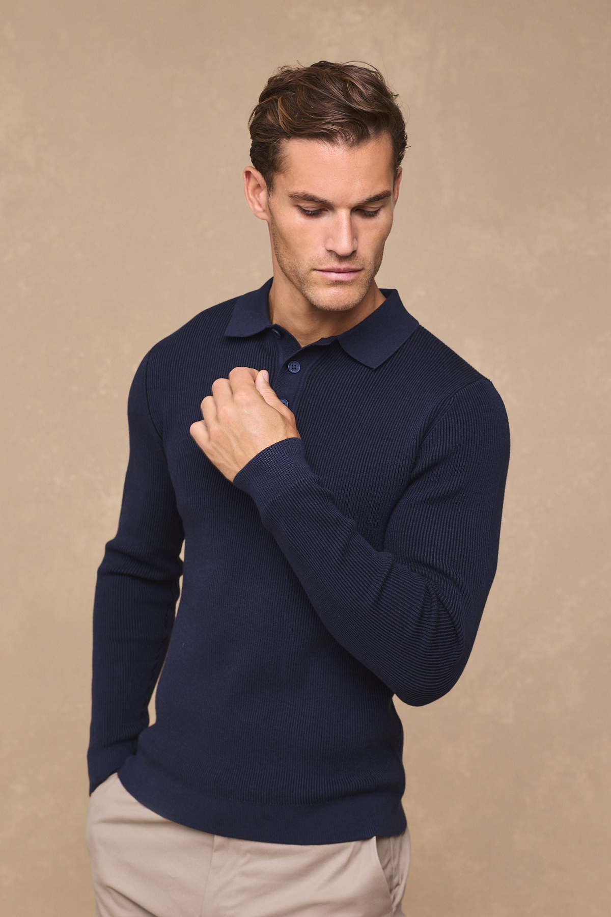 Angus Rib Knit Polo - Navy