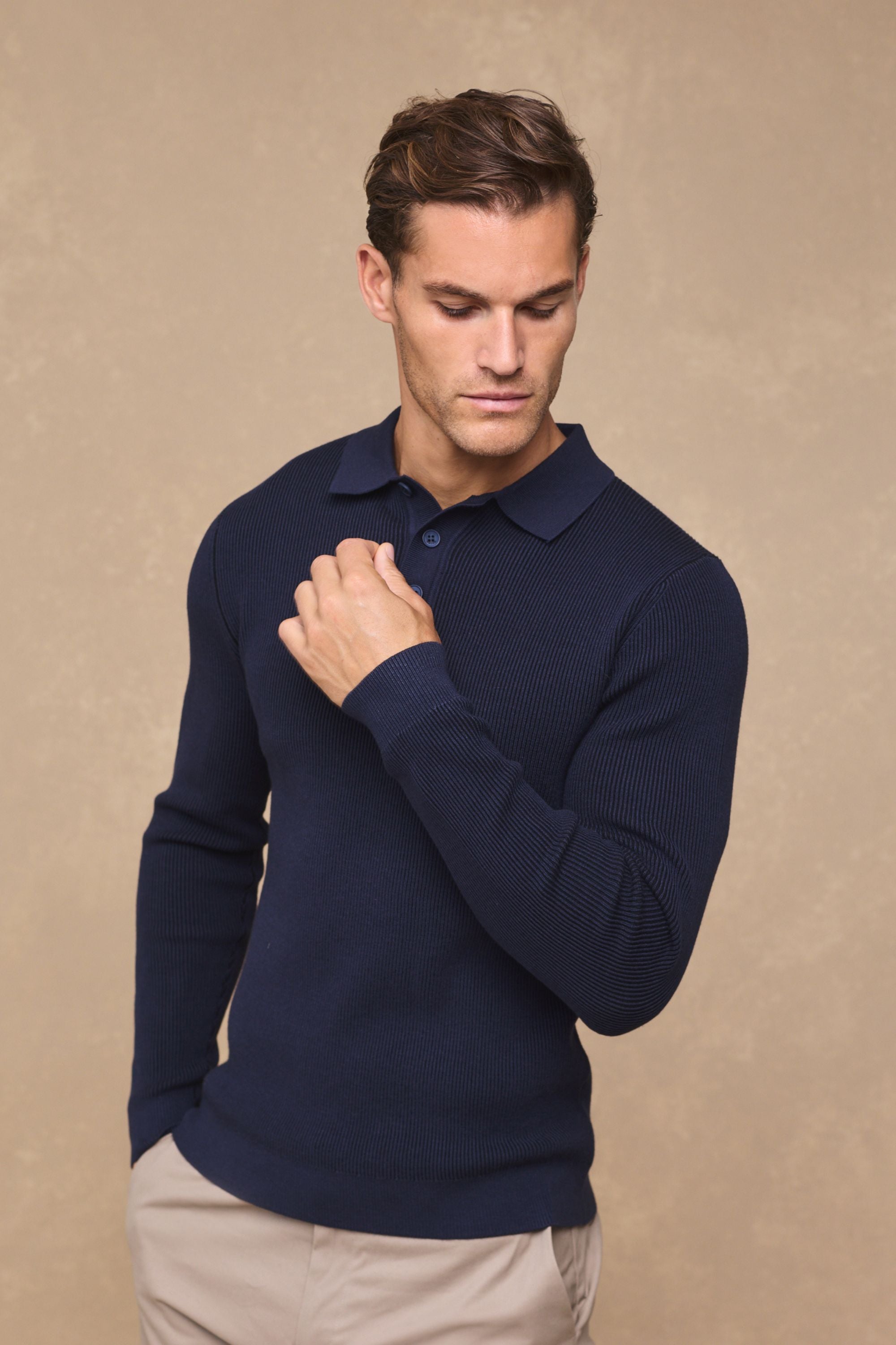 Angus Rib Knit Polo - Navy
