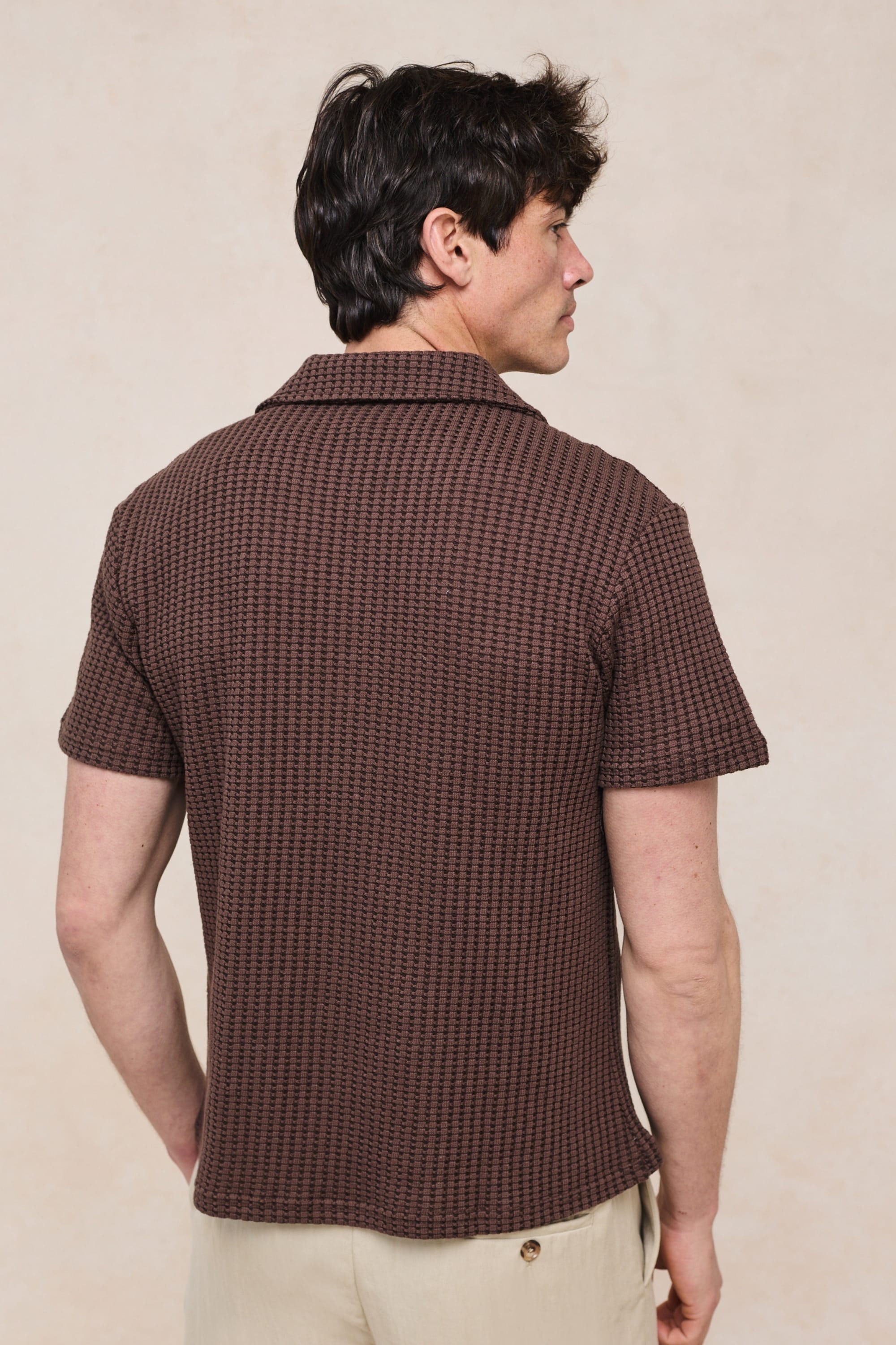 Marcos Patterned Waffle Short Sleeve Shirt - Brown