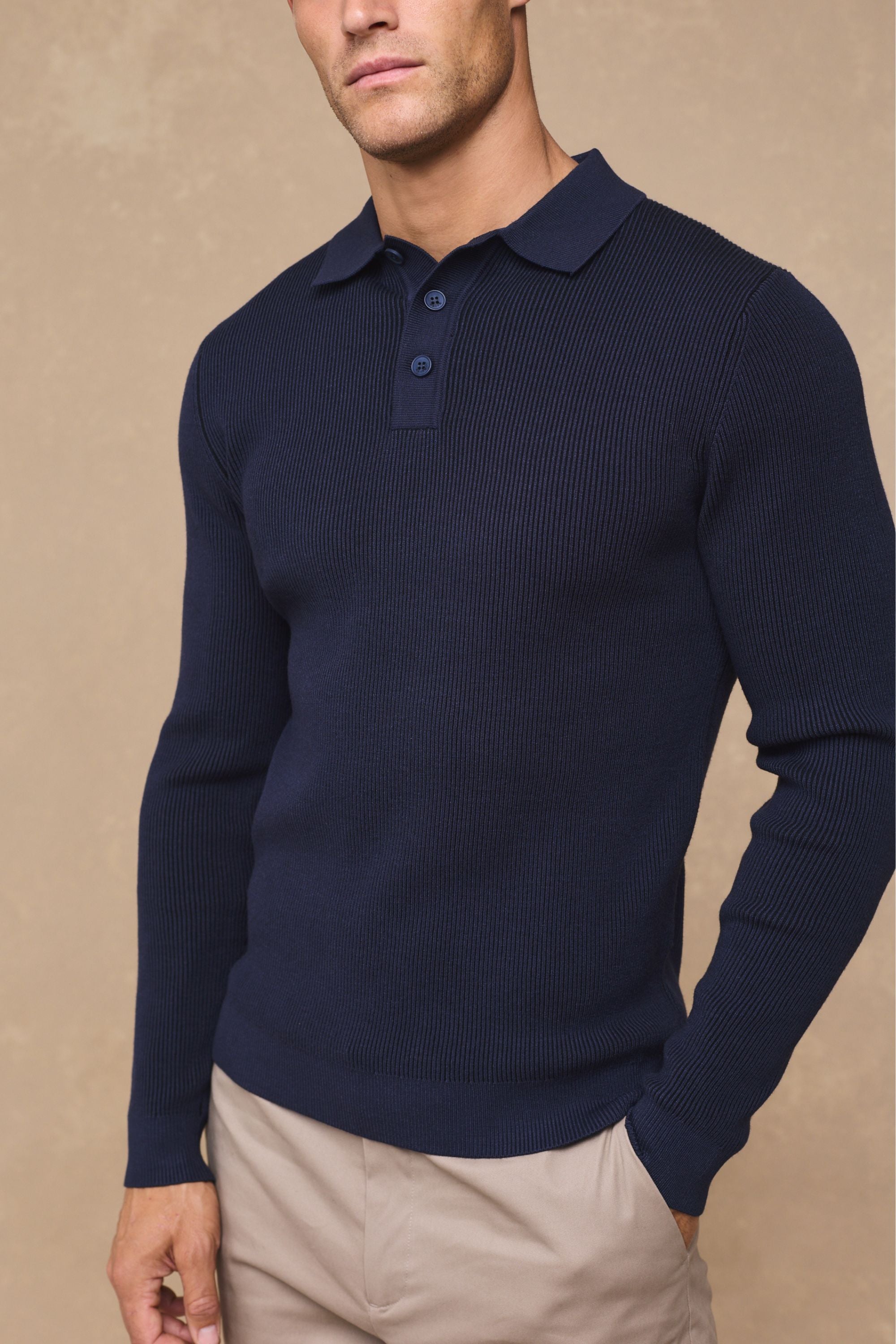 Angus Rib Knit Polo - Navy