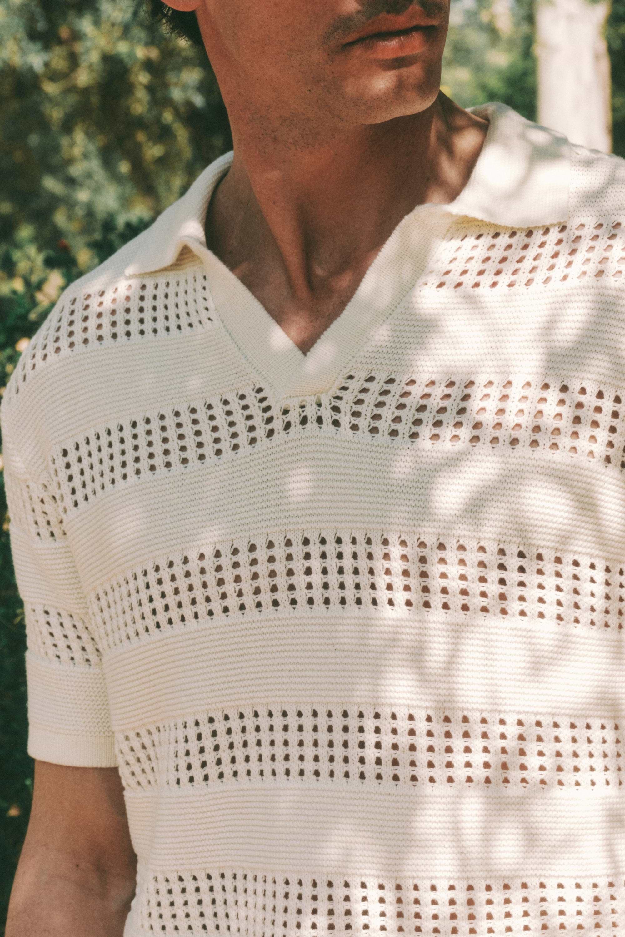 Frattina Crochet Cotton Knit Polo - Ecru