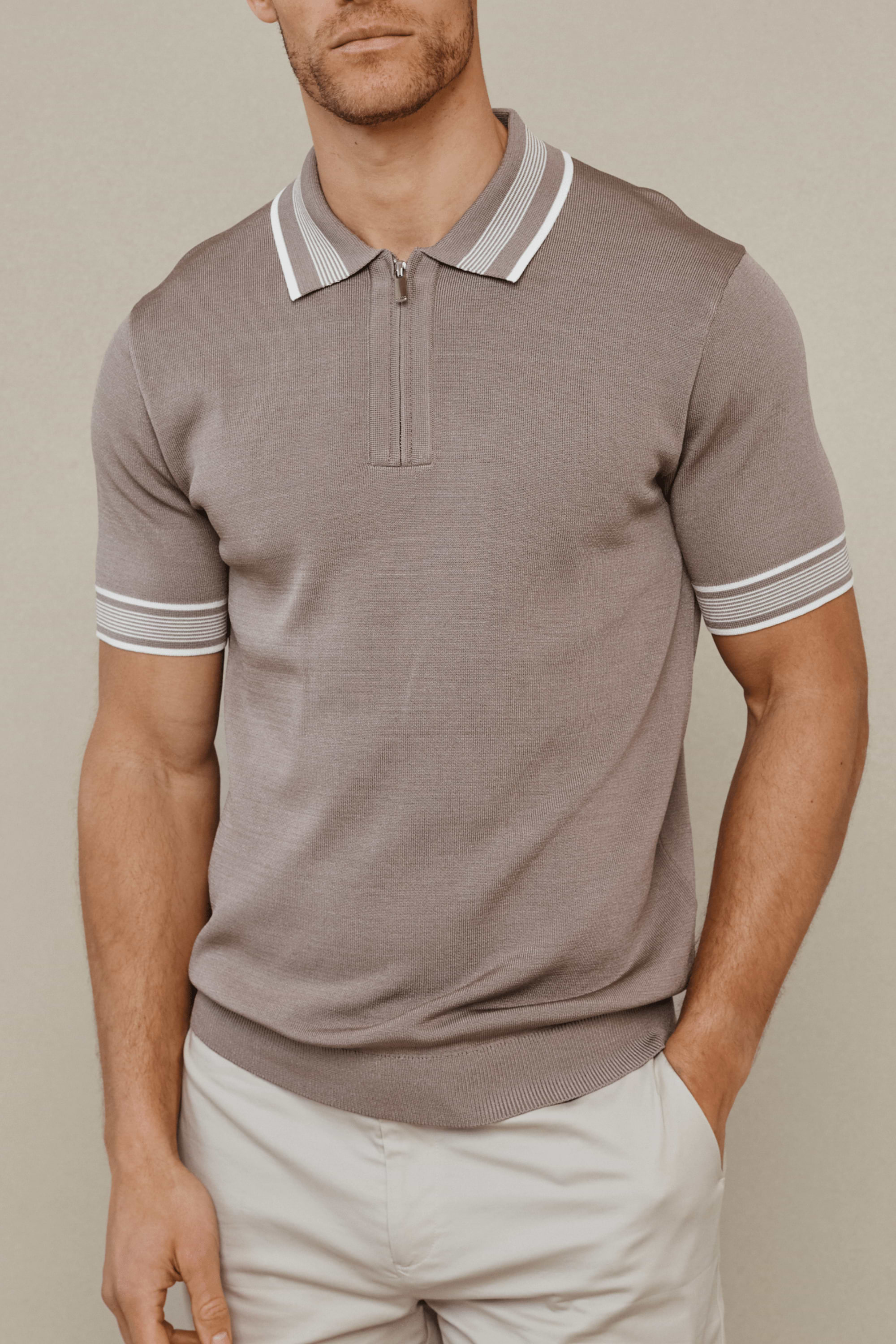 Vida Knitted Stripe Polo - Taupe