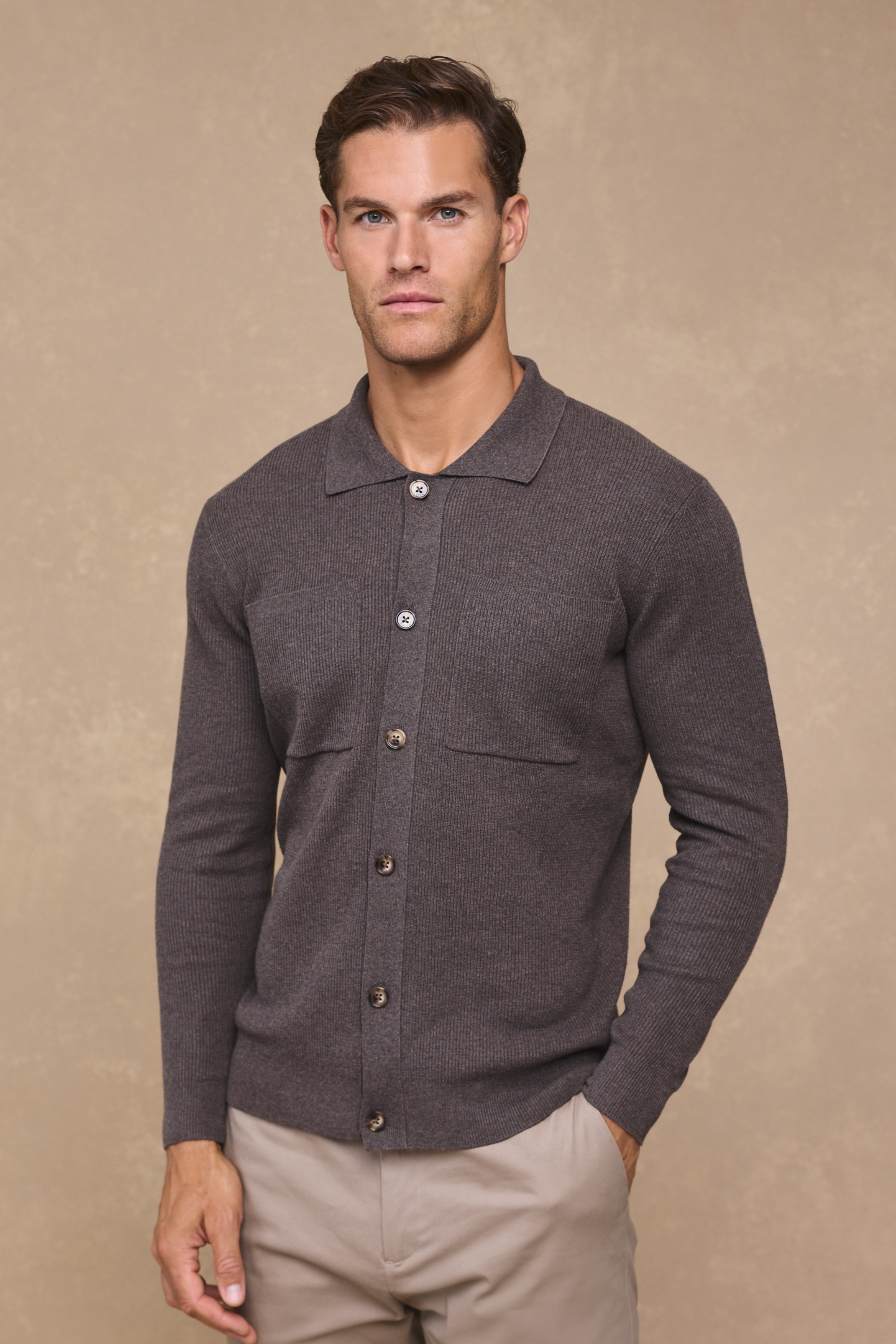 Elias Rib Top Pocket Cardigan - Light Brown Marl