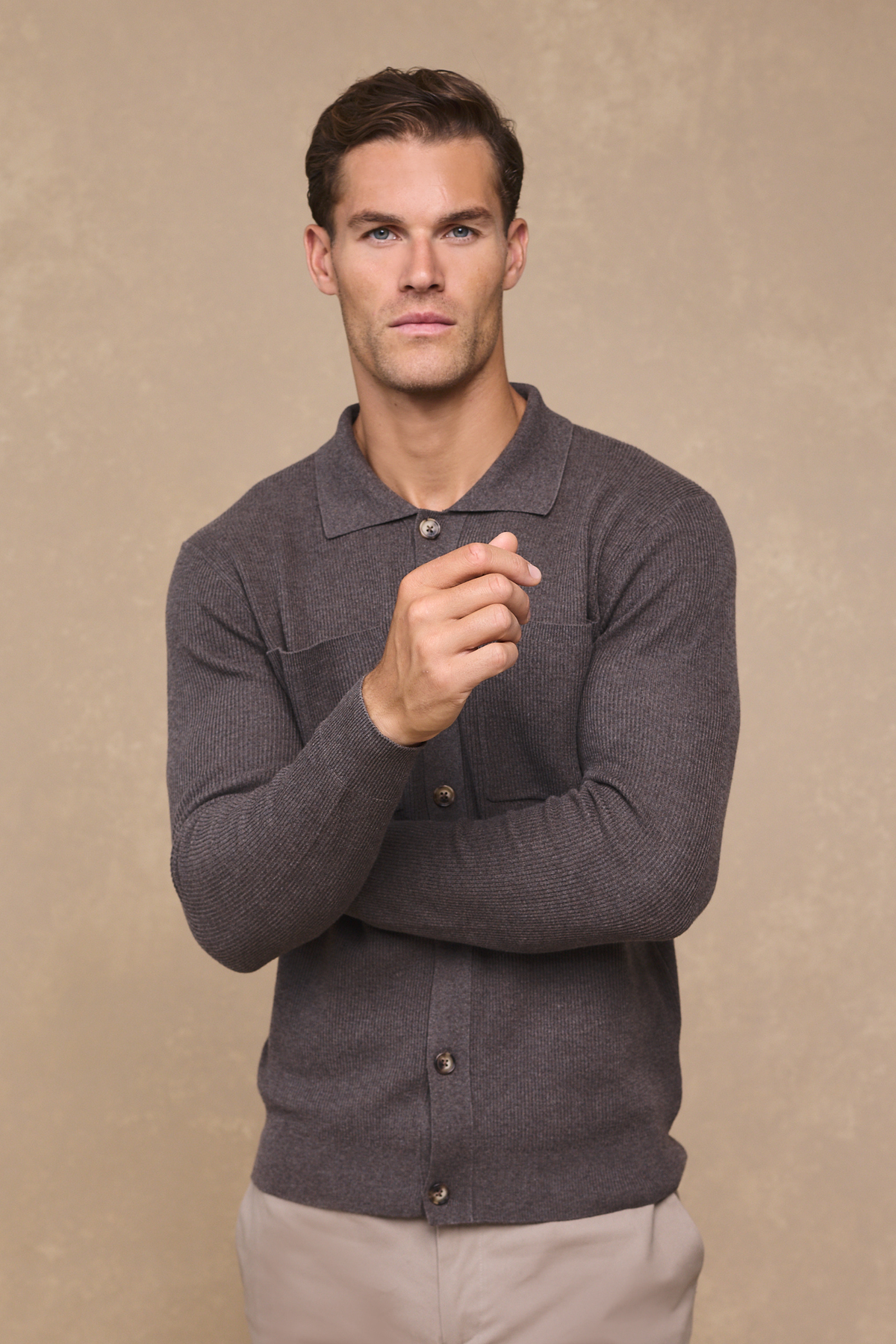 Elias Rib Top Pocket Cardigan - Light Brown Marl