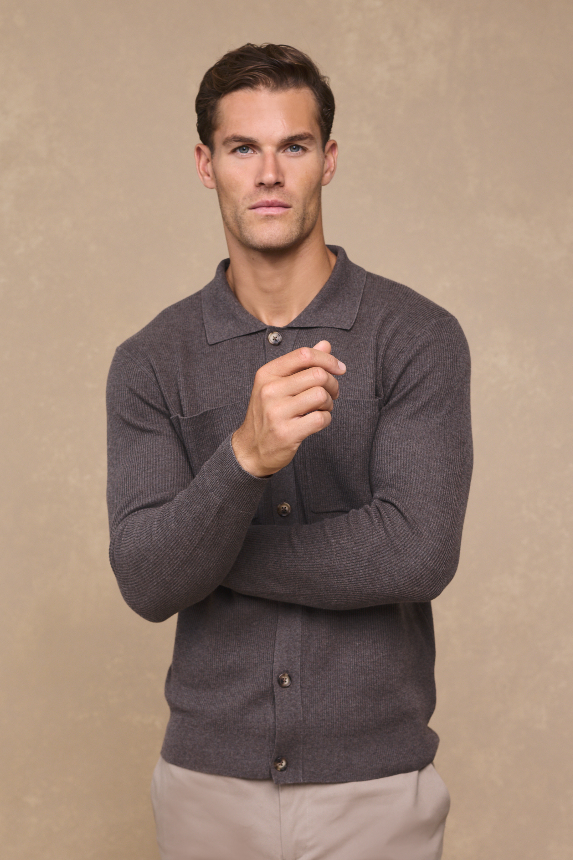 Elias Rib Top Pocket Cardigan - Light Brown Marl