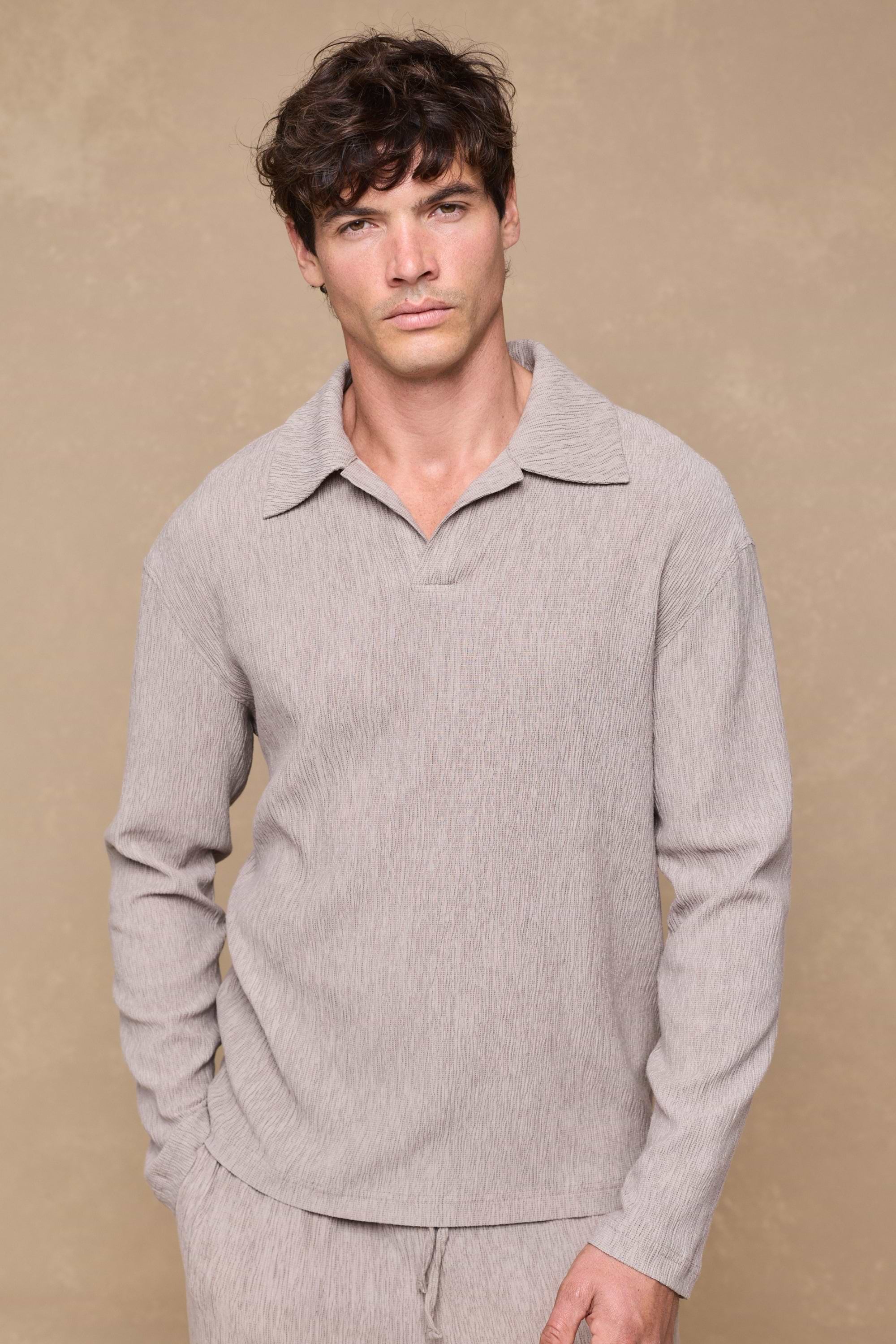 Arty Long Sleeve Open Collar Polo - Mushroom