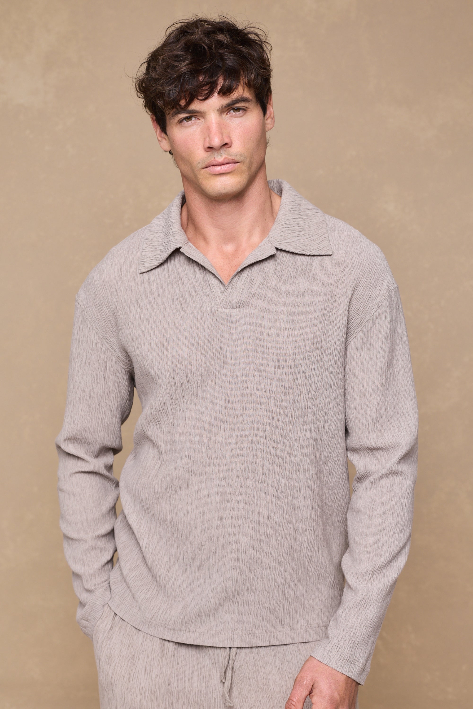 Arty Long Sleeve Open Collar Polo - Mushroom