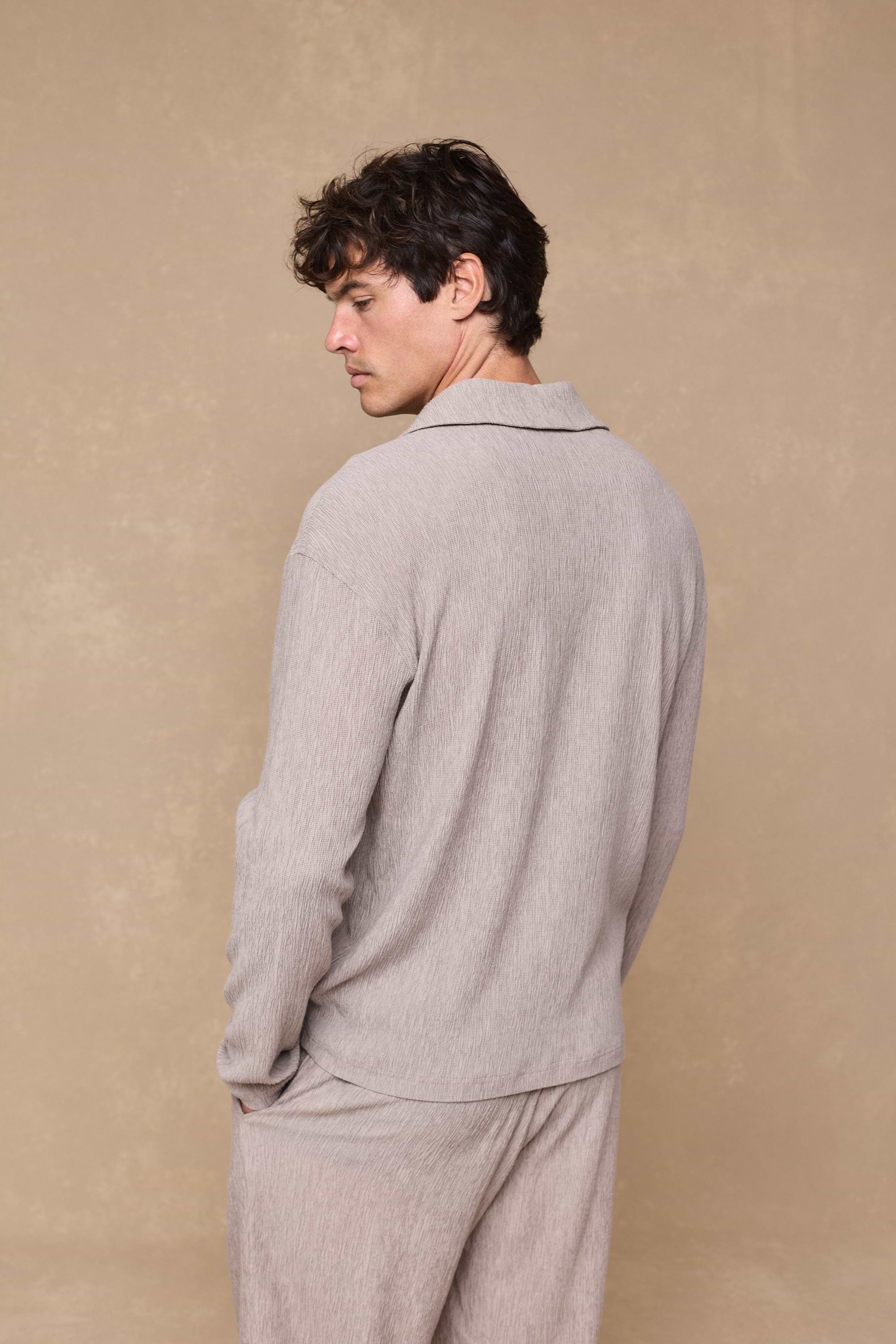 Arty Long Sleeve Open Collar Polo - Mushroom