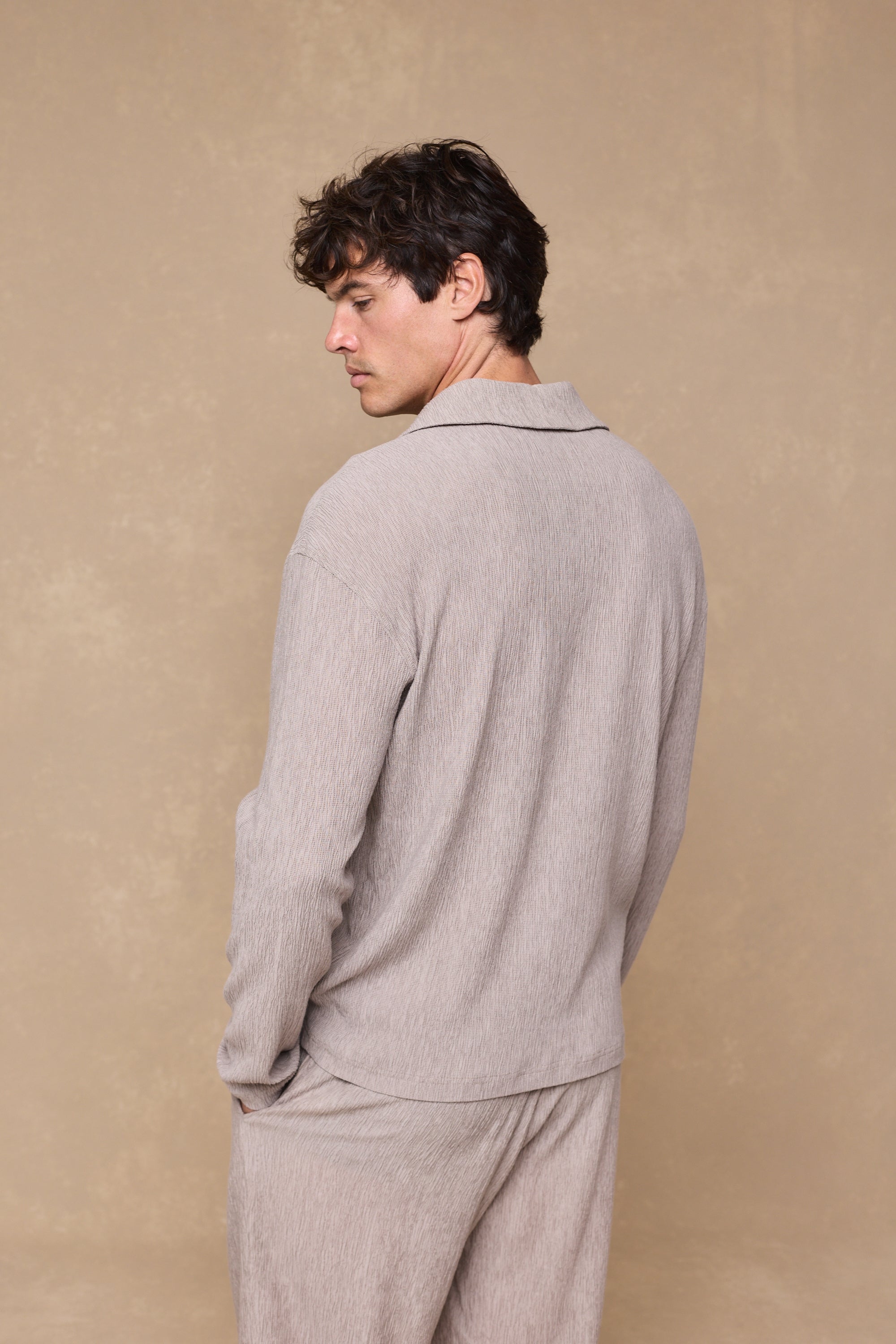 Arty Long Sleeve Open Collar Polo - Mushroom
