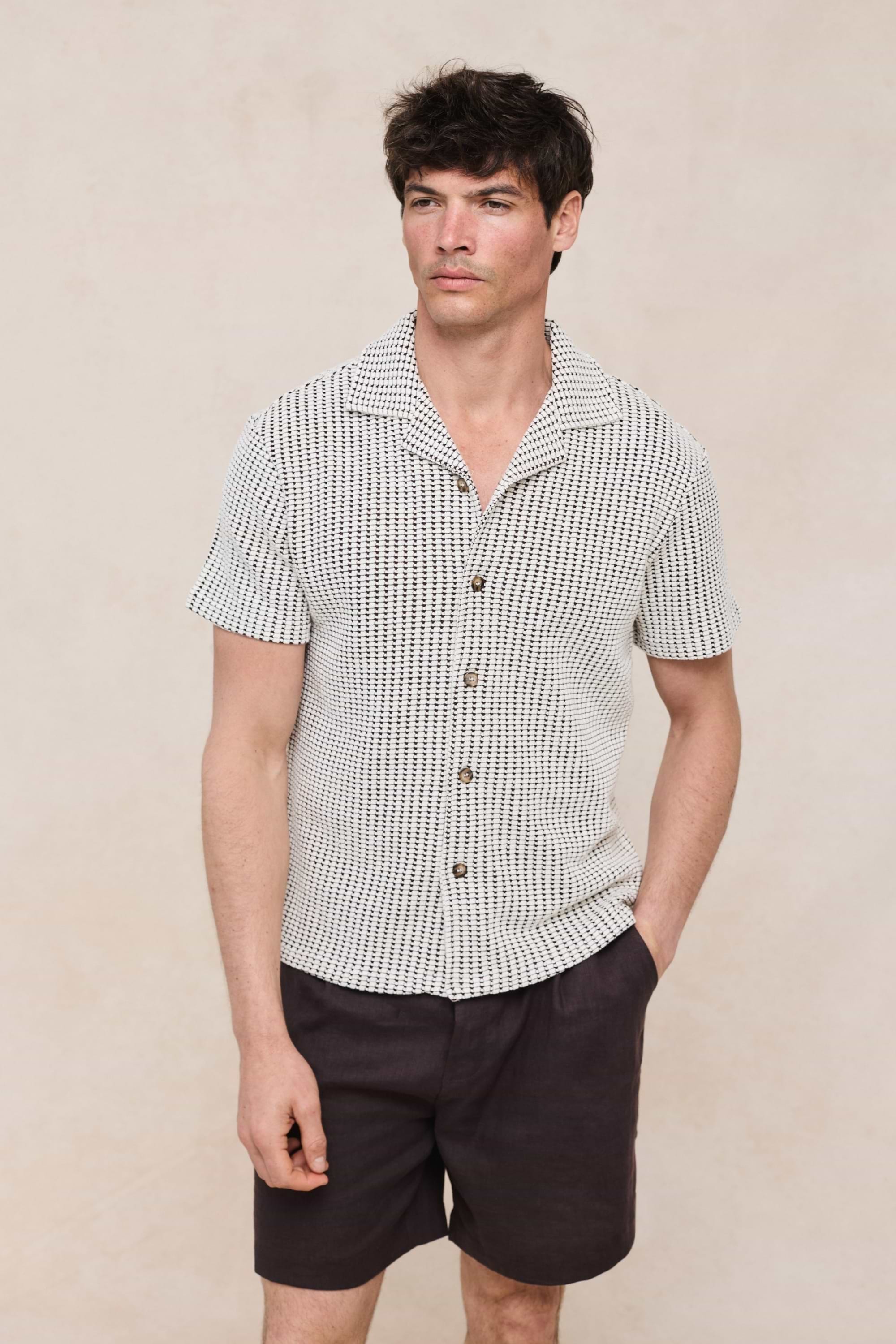 Marcos Patterned Waffle Short Sleeve Shirt - White/Brown