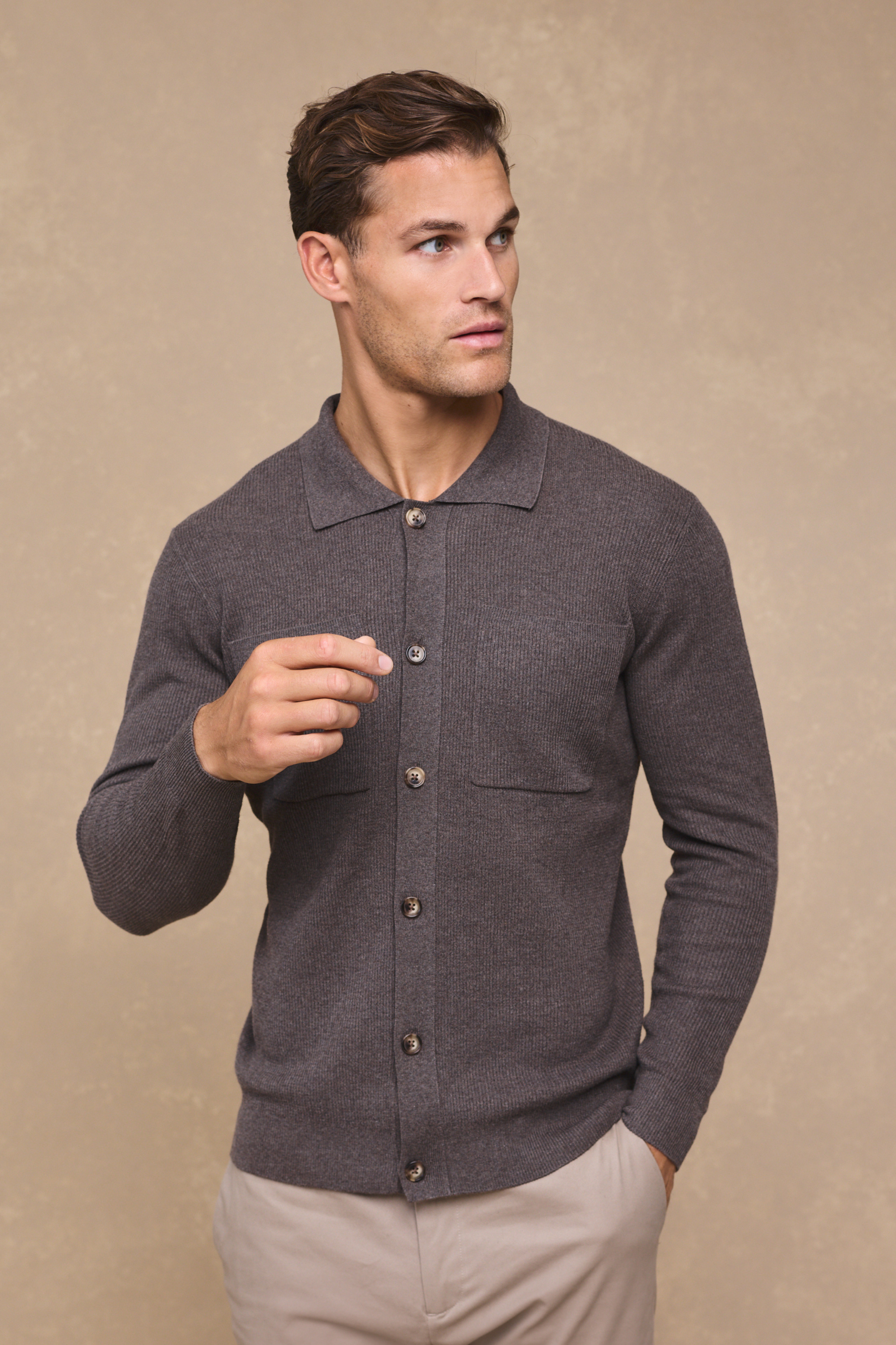 Elias Rib Top Pocket Cardigan - Light Brown Marl