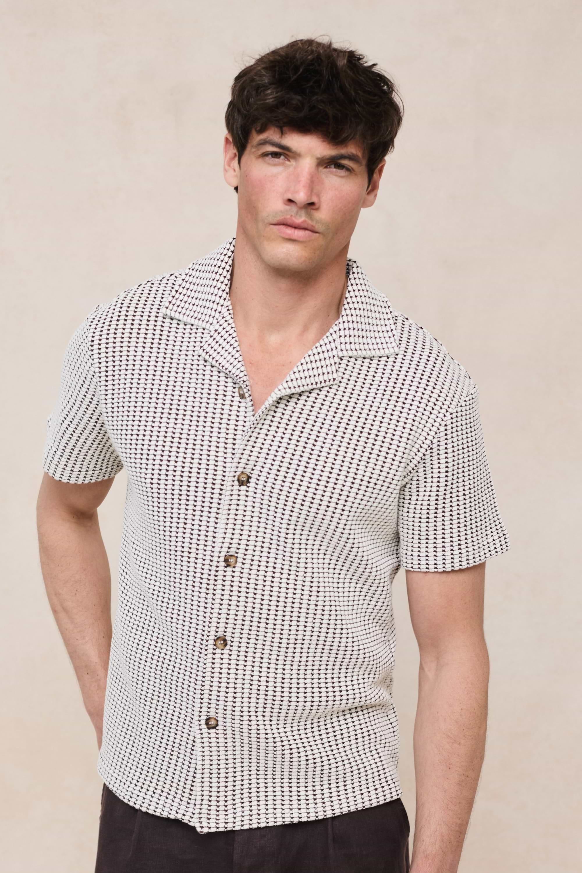 Marcos Patterned Waffle Short Sleeve Shirt - White/Brown