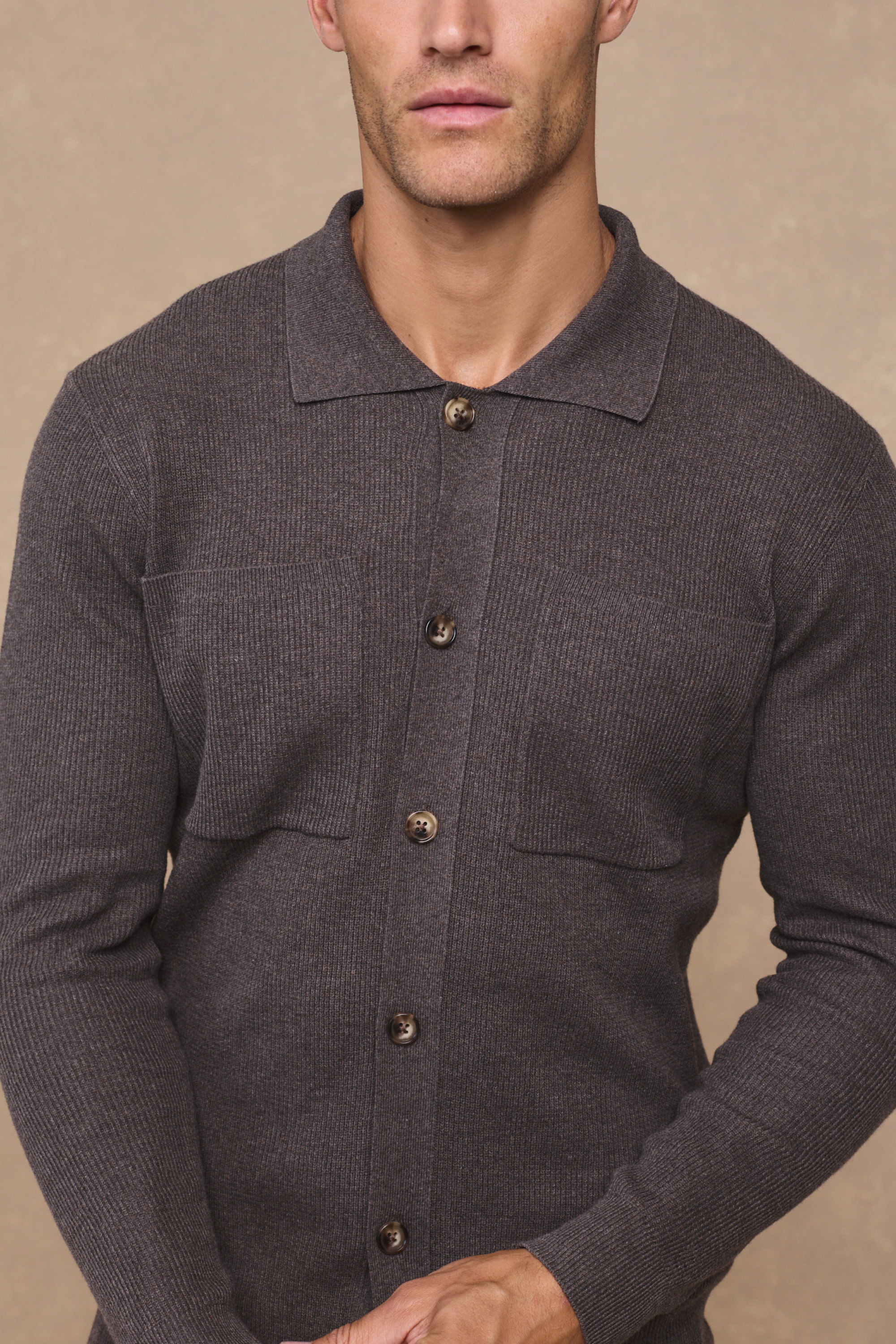 Elias Rib Top Pocket Cardigan - Light Brown Marl