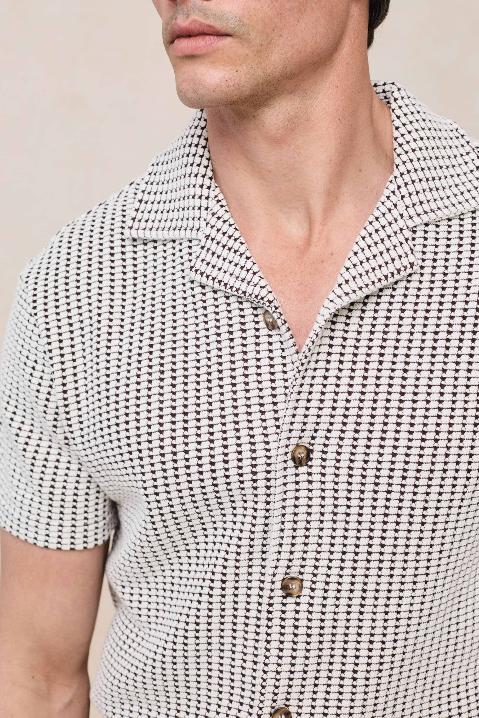 Marcos Patterned Waffle Short Sleeve Shirt - White/Brown