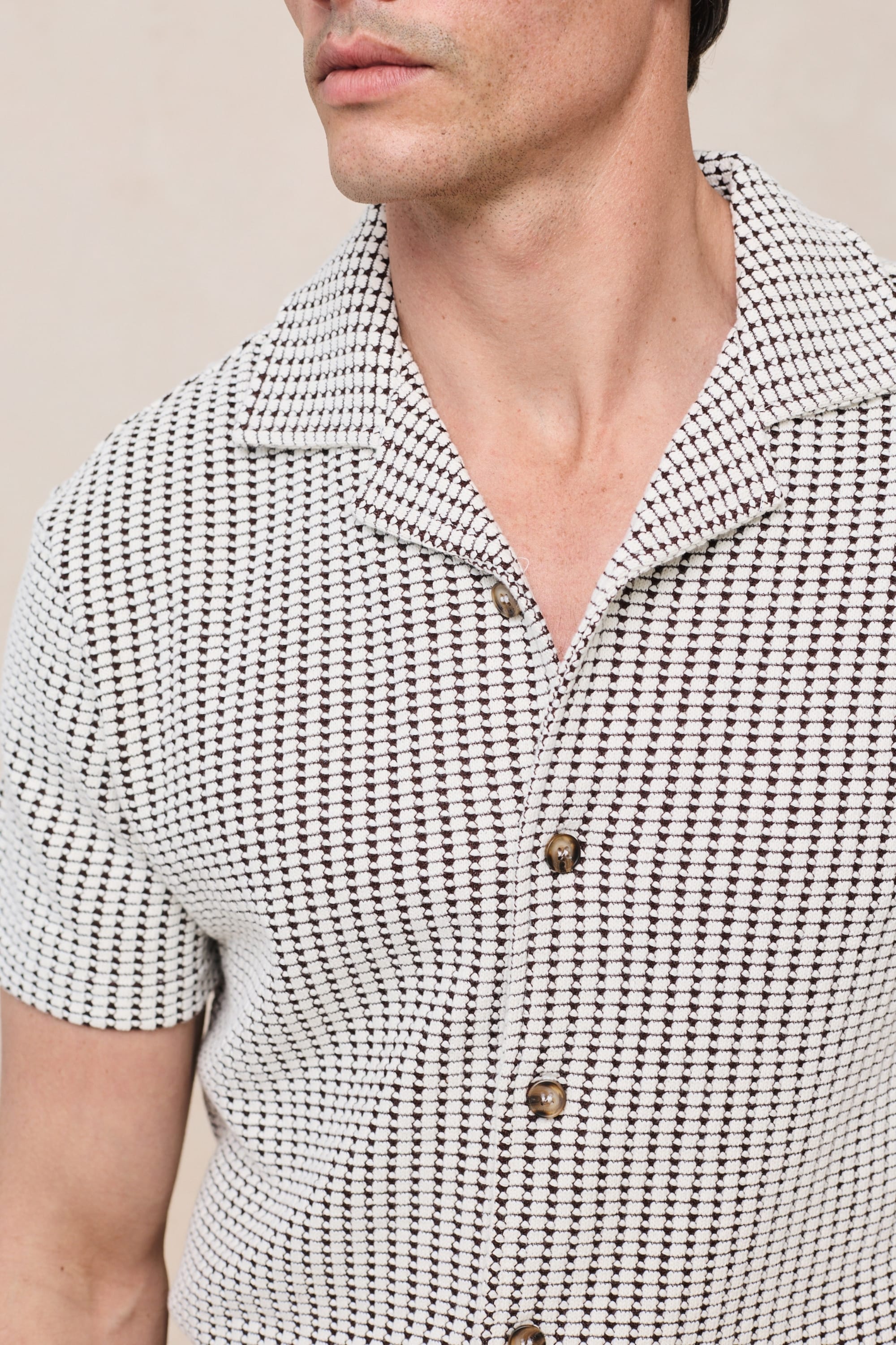Marcos Patterned Waffle Short Sleeve Shirt - White/Brown
