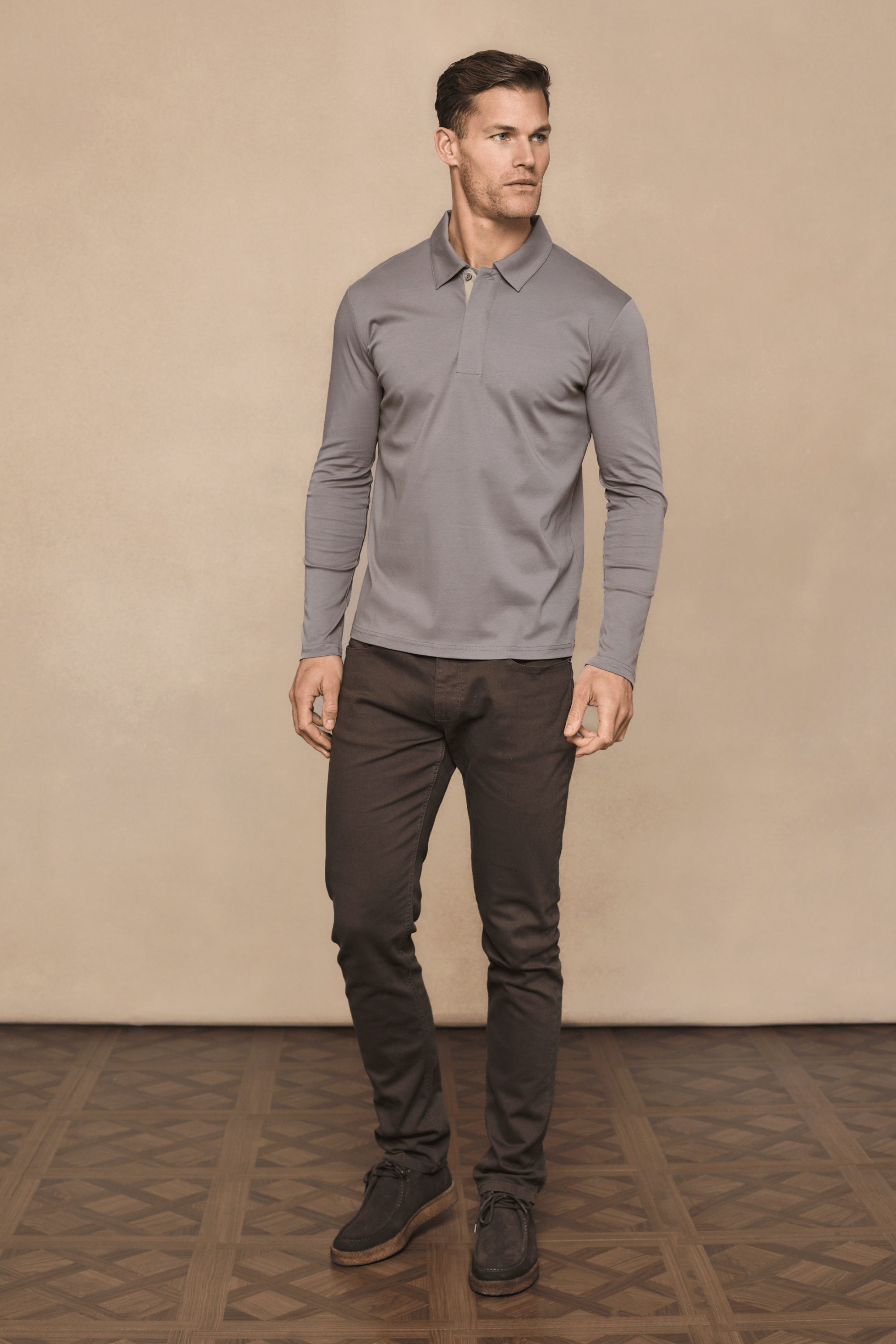 Santi Long Sleeve Mercerised Polo Shirt - Mushroom