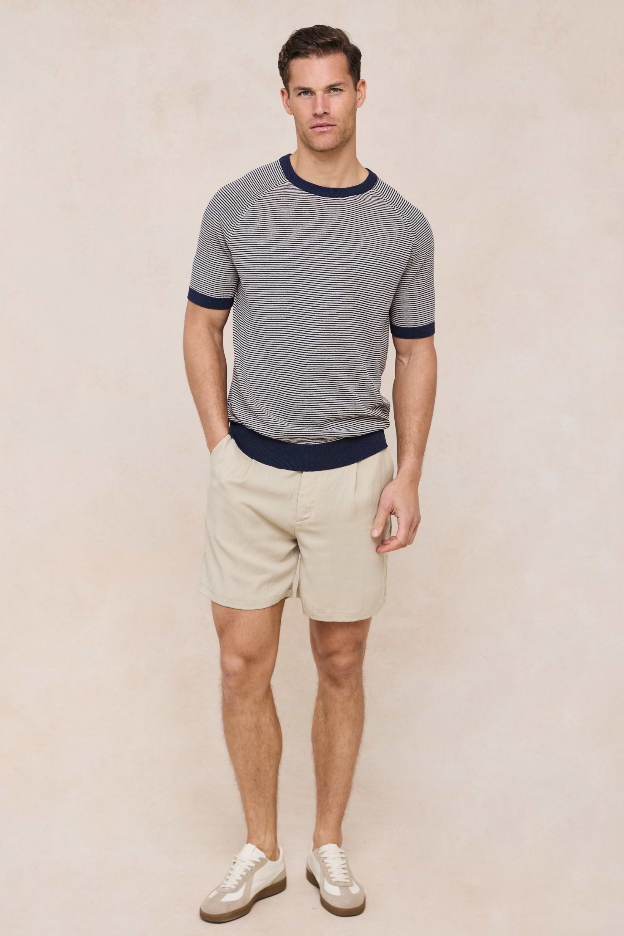 Rafael Linen Striped Crew Neck T-Shirt - Navy/Beige