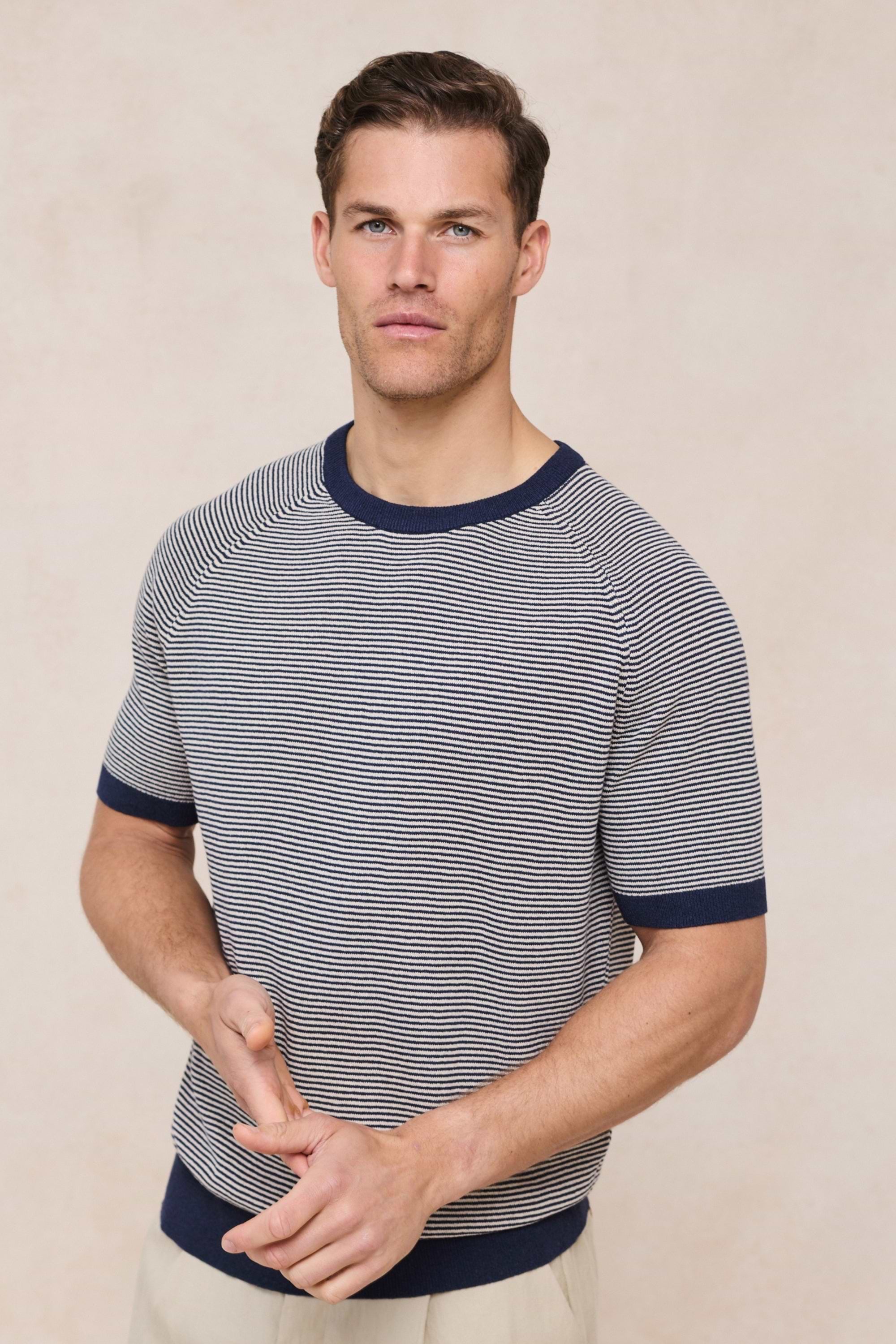 Rafael Linen Striped Crew Neck T-Shirt - Navy/Beige