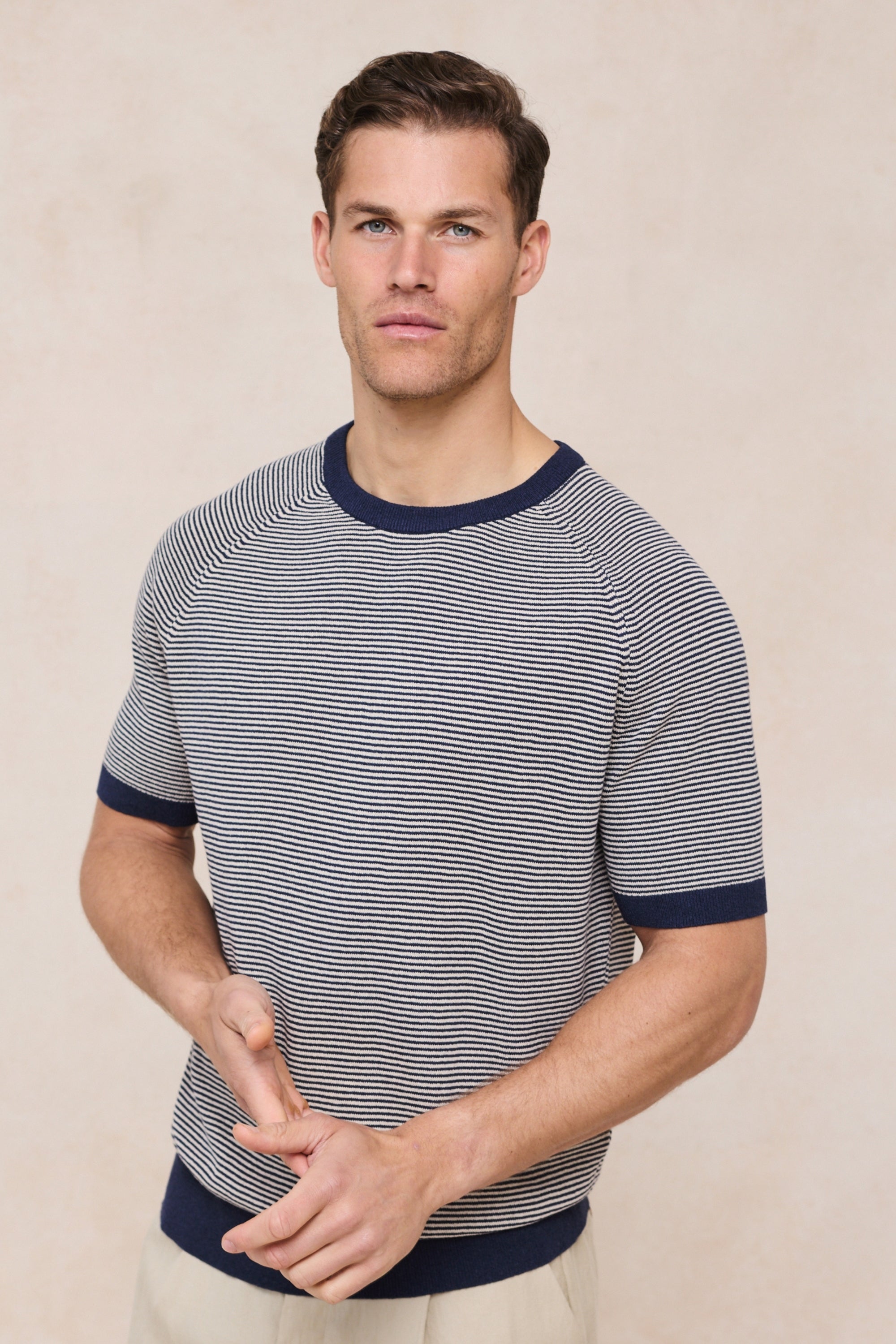 Rafael Linen Striped Crew Neck T-Shirt - Navy/Beige