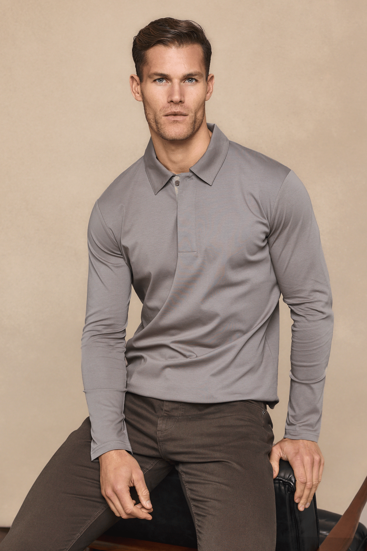 Santi Long Sleeve Mercerised Polo Shirt - Mushroom