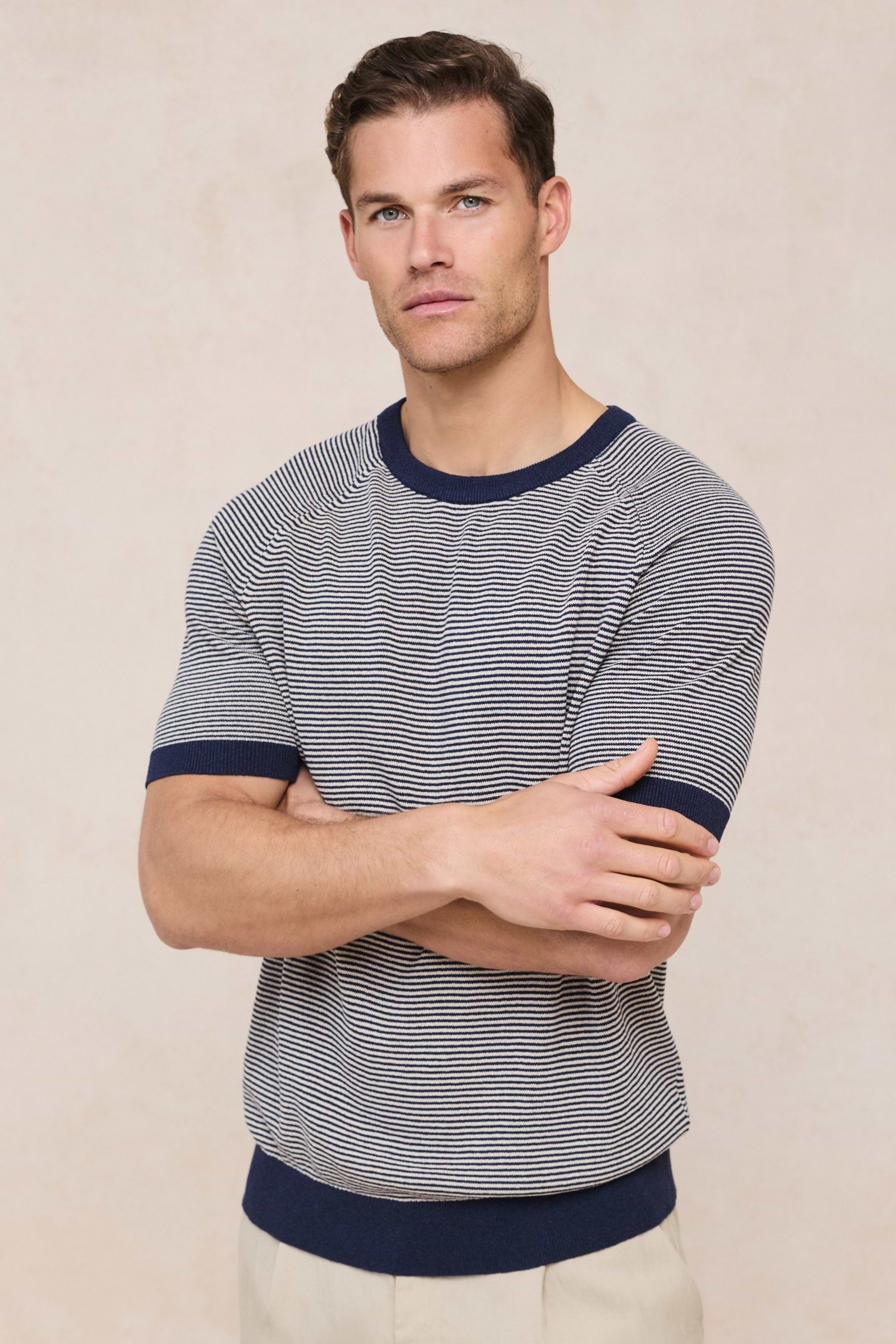 Rafael Linen Striped Crew Neck T-Shirt - Navy/Beige