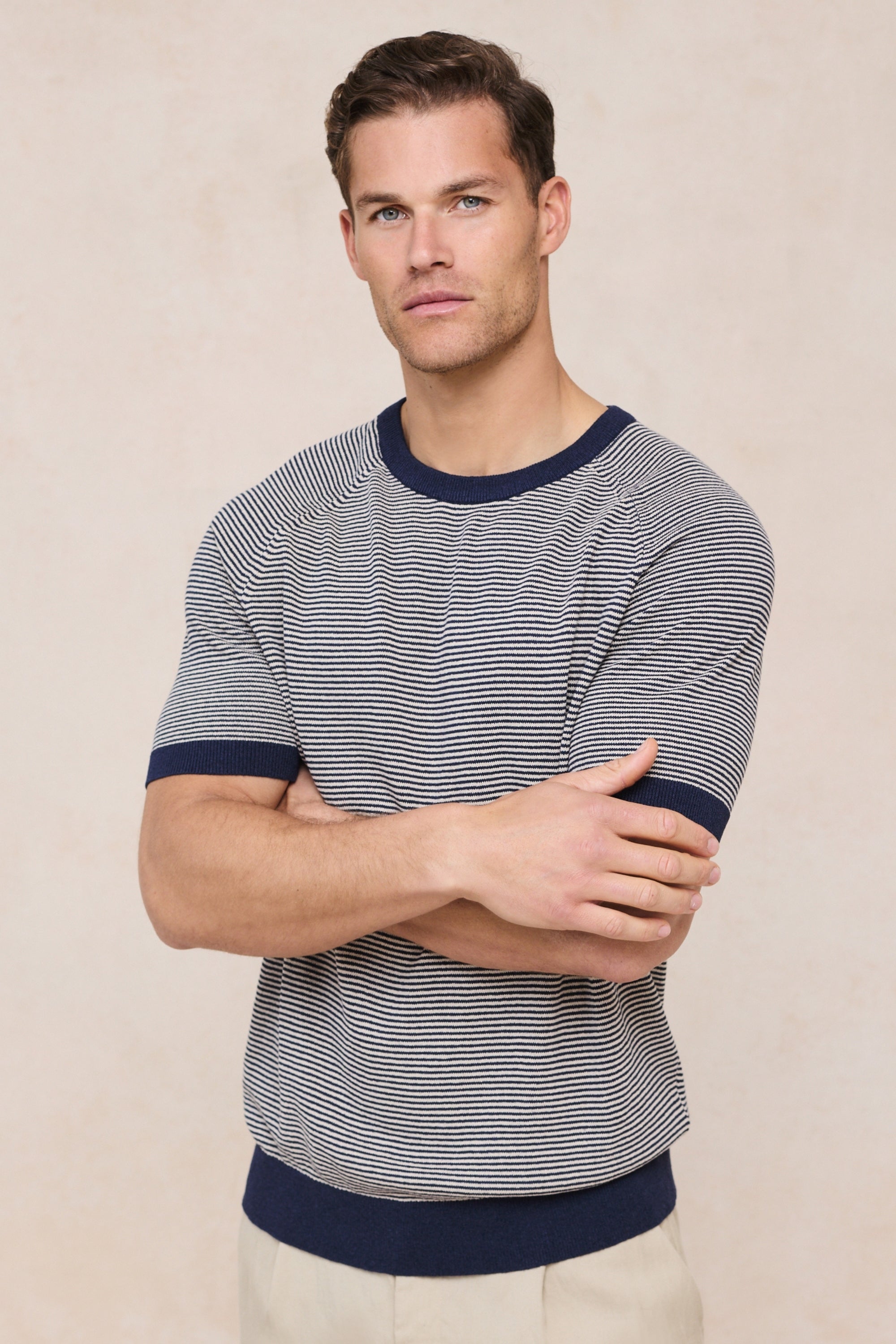 Rafael Linen Striped Crew Neck T-Shirt - Navy/Beige