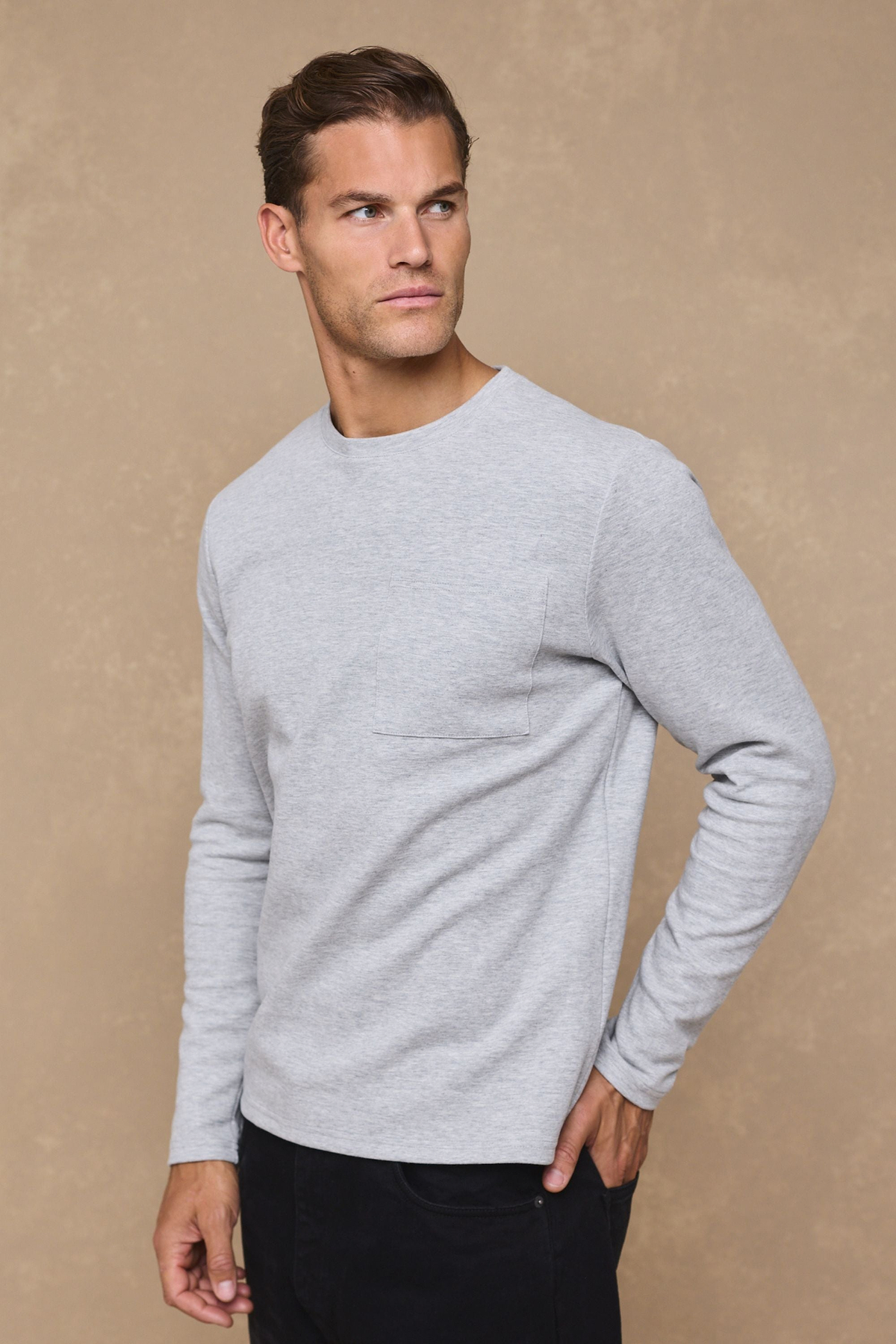 Tyler Langarm-T-Shirt mit Tasche – Graumeliert