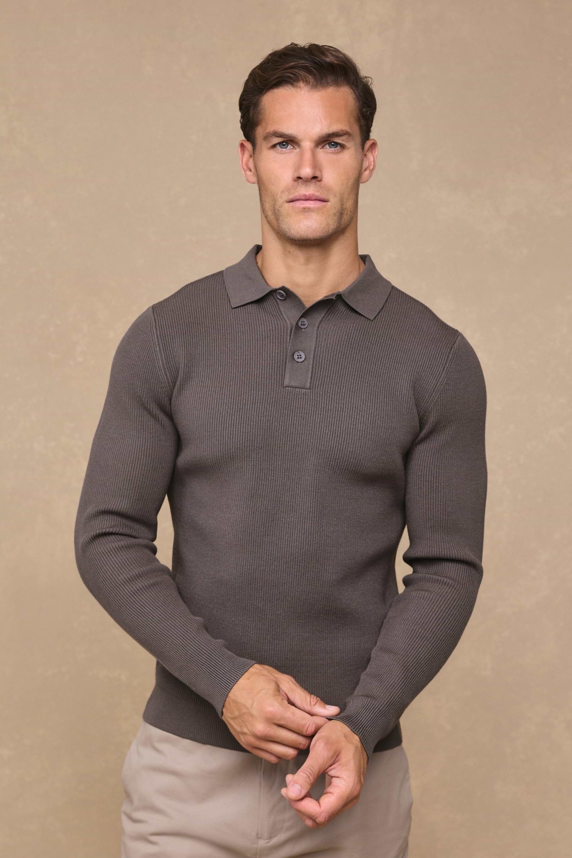 Angus Rib Knit Polo - Mushroom