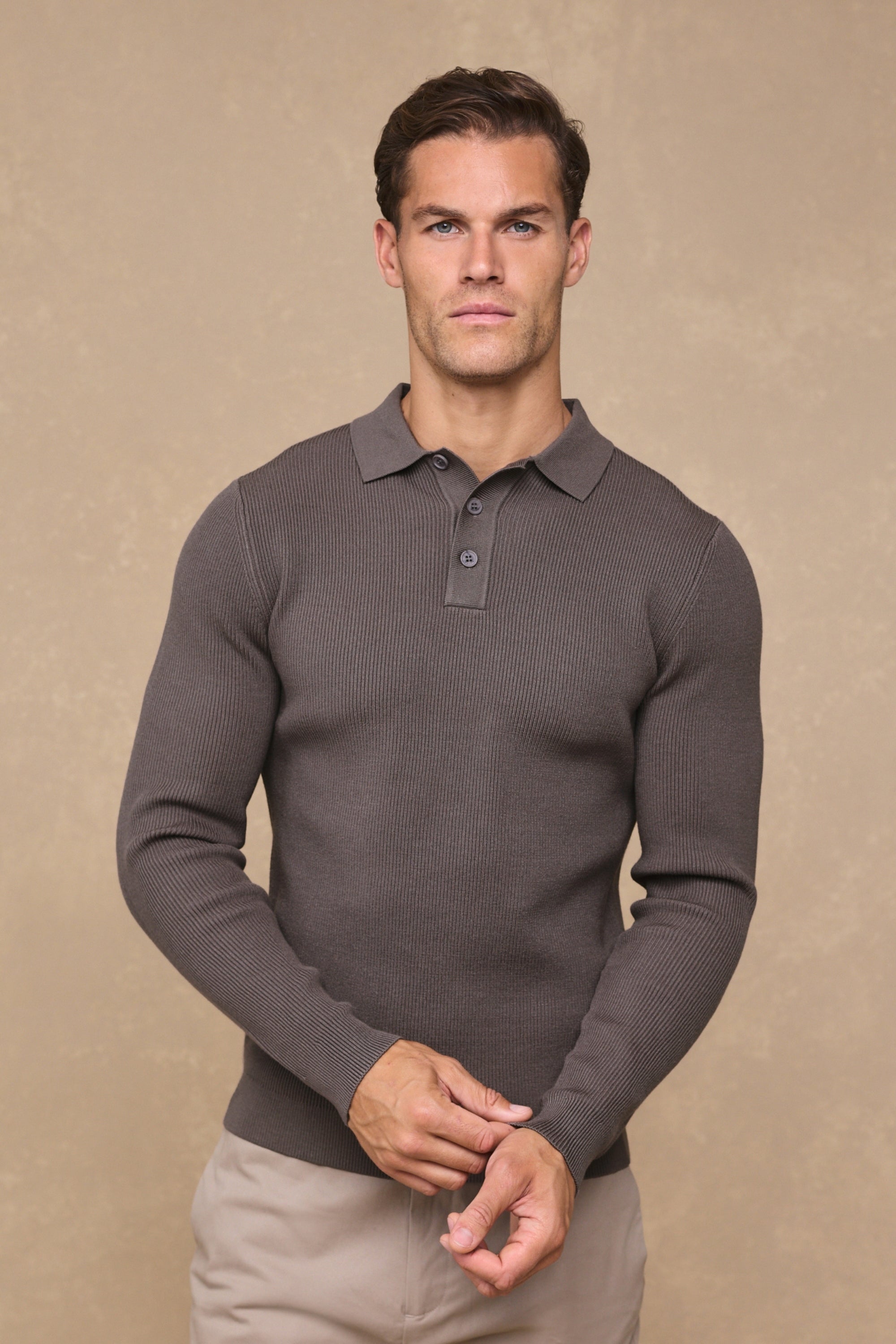 Angus Rib Knit Polo - Mushroom