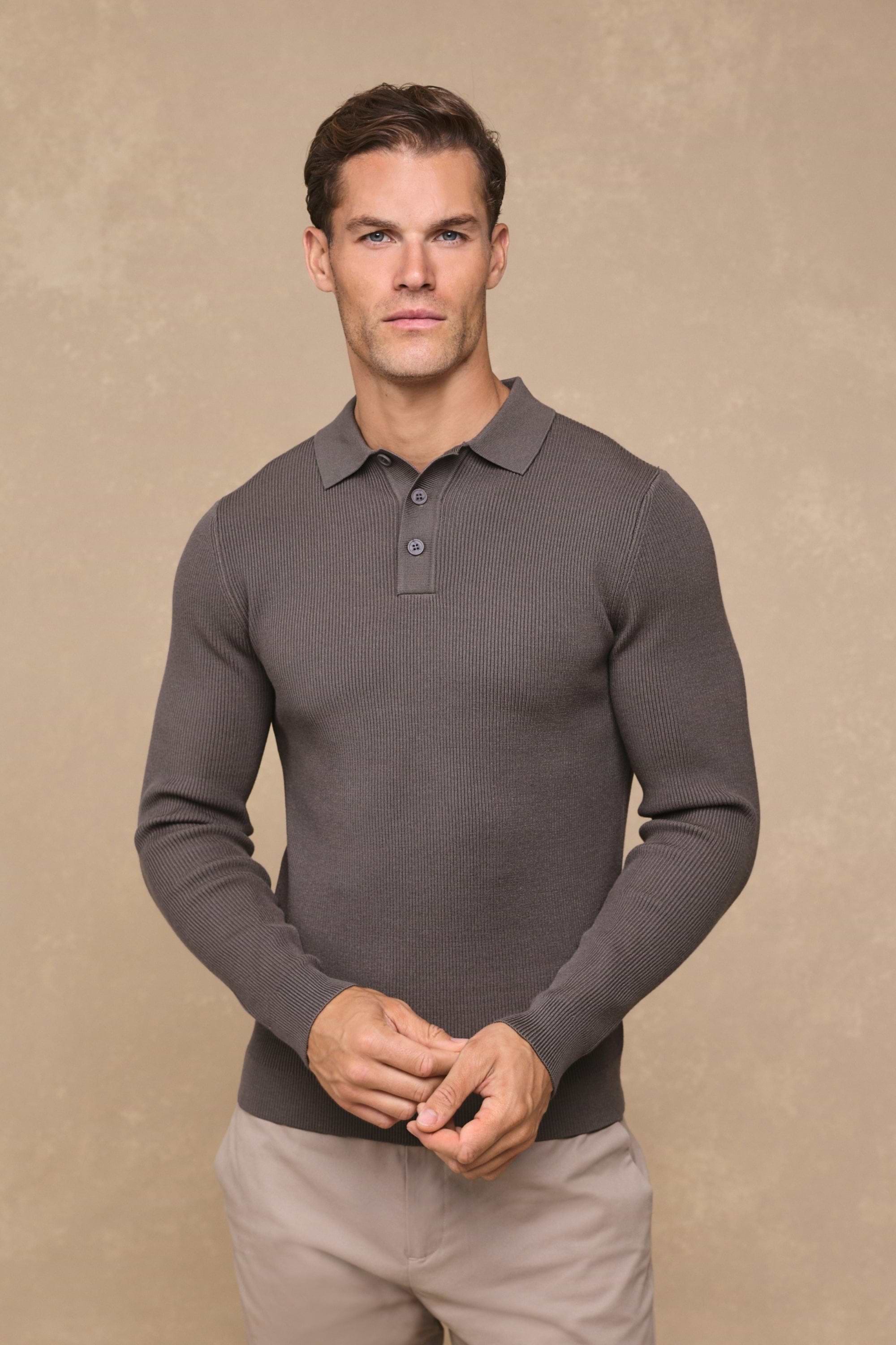 Angus Rib Knit Polo - Mushroom