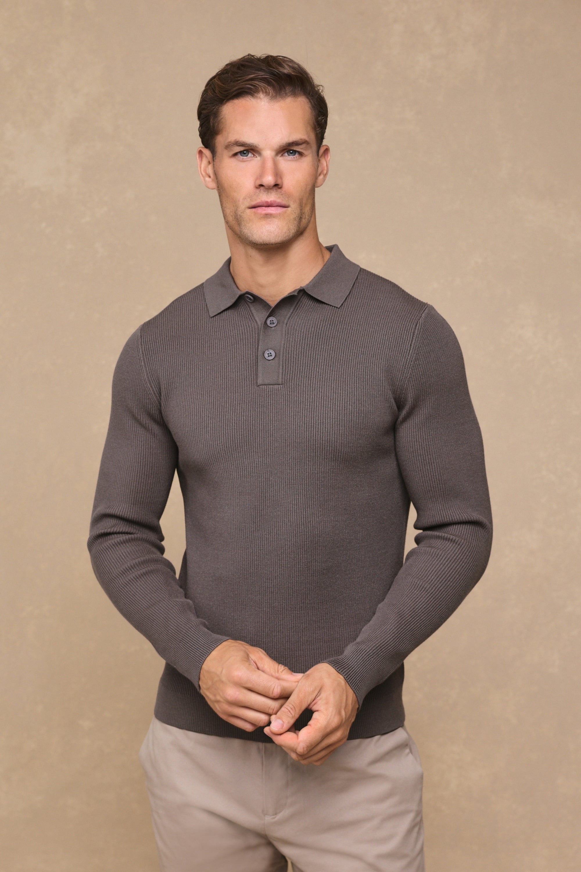 Angus Rib Knit Polo - Mushroom