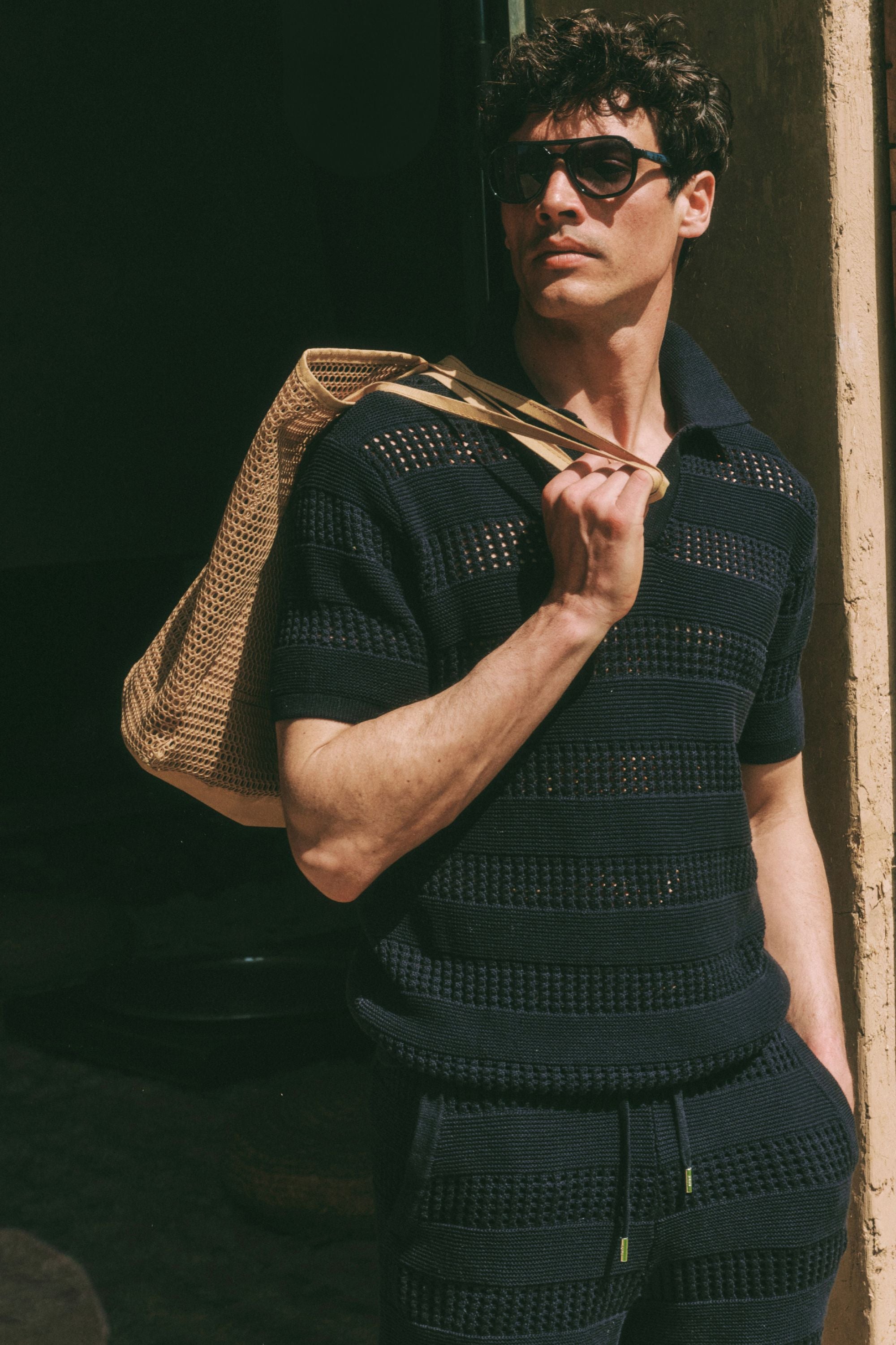 Frattina Crochet Cotton Knit Polo - Navy