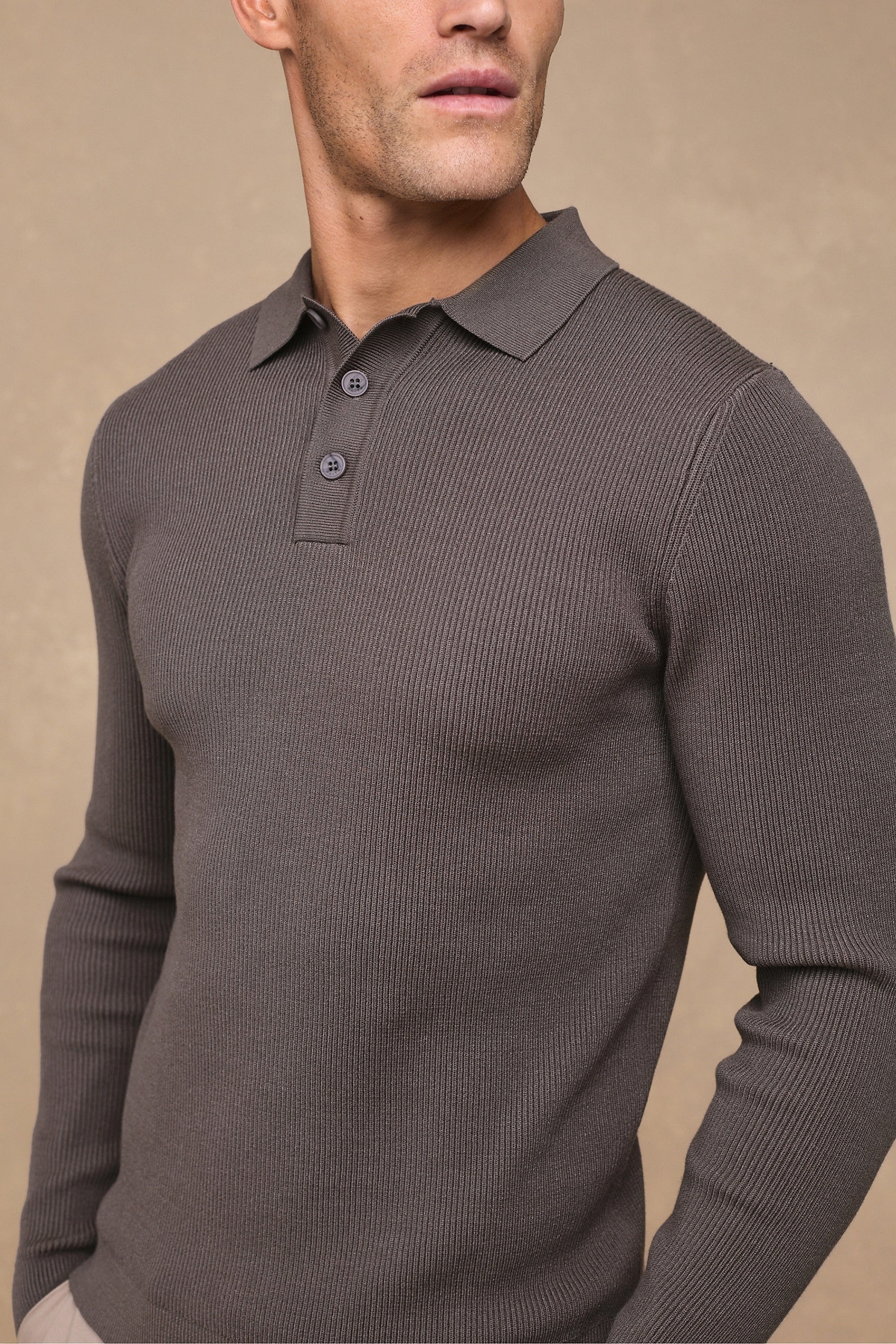 Angus Rib Knit Polo - Mushroom