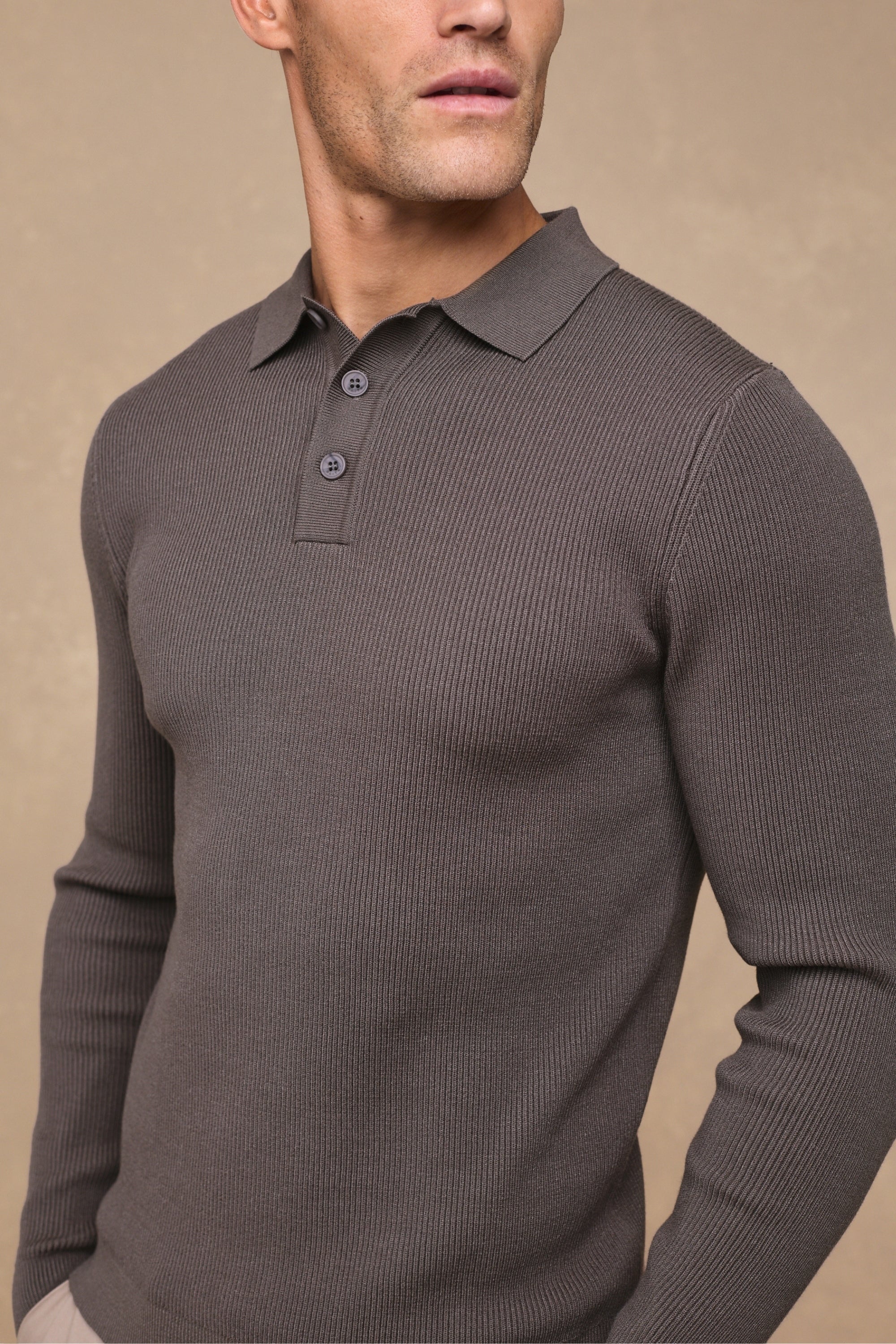 Angus Rib Knit Polo - Mushroom
