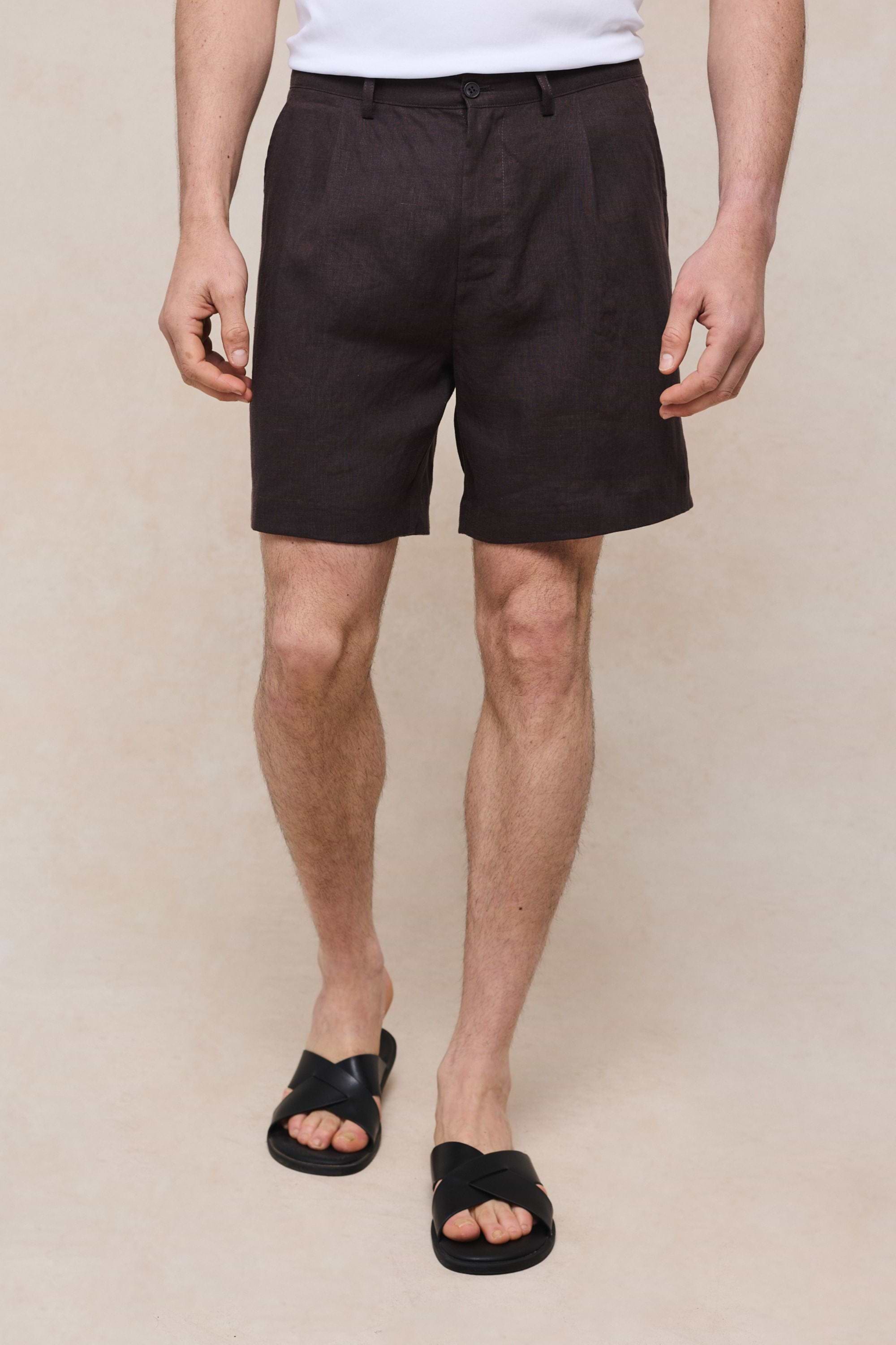 Javier Pleated Waistband Linen Short - Brown