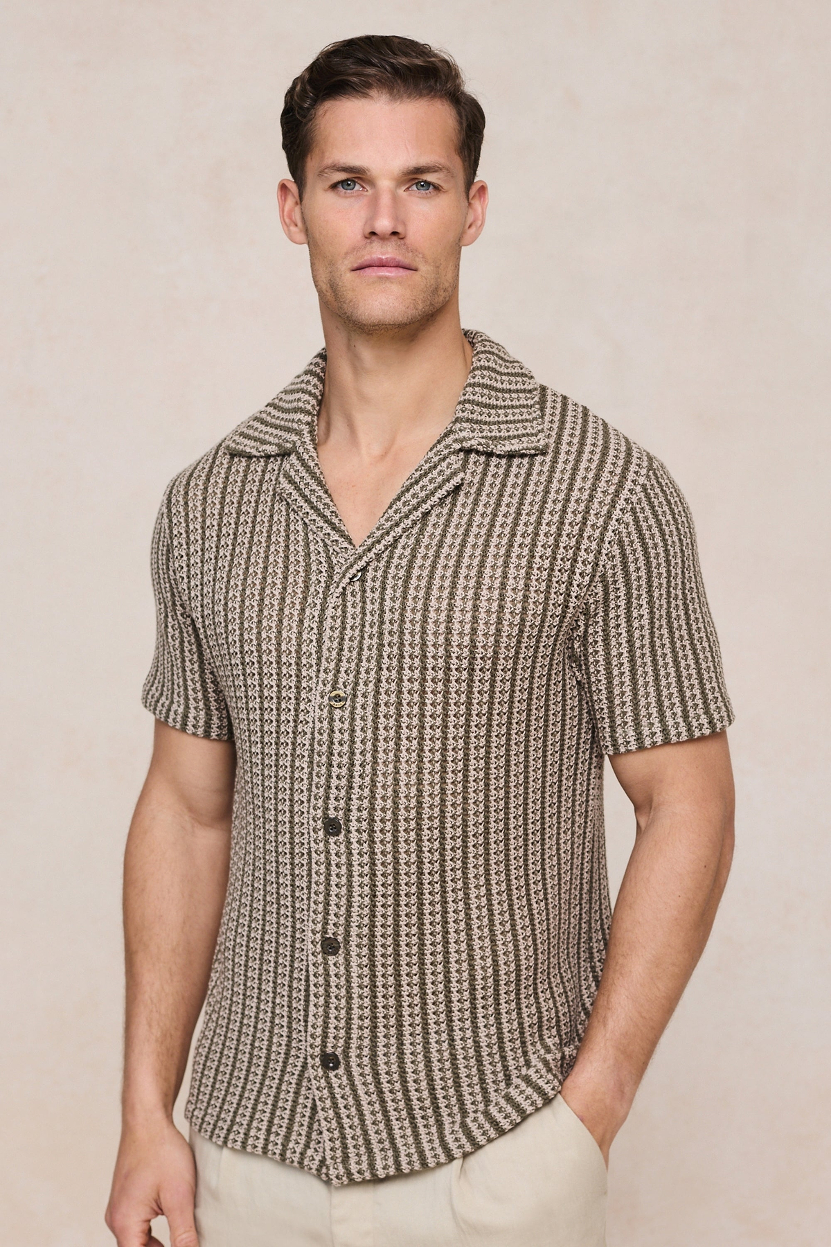 Salvador Knitted Camp Collar Shirt - Khaki/Sand