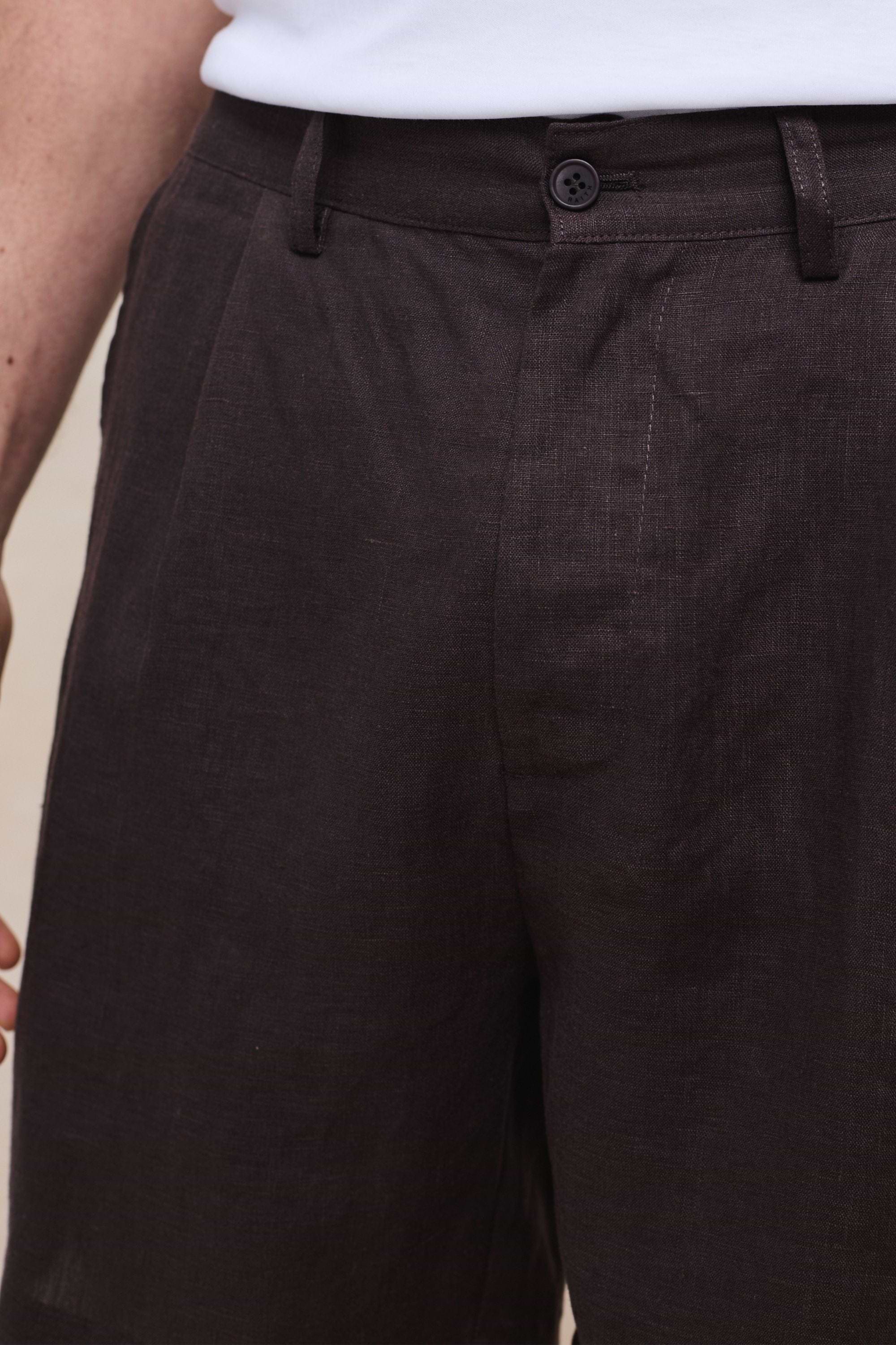 Javier Pleated Waistband Linen Short - Brown