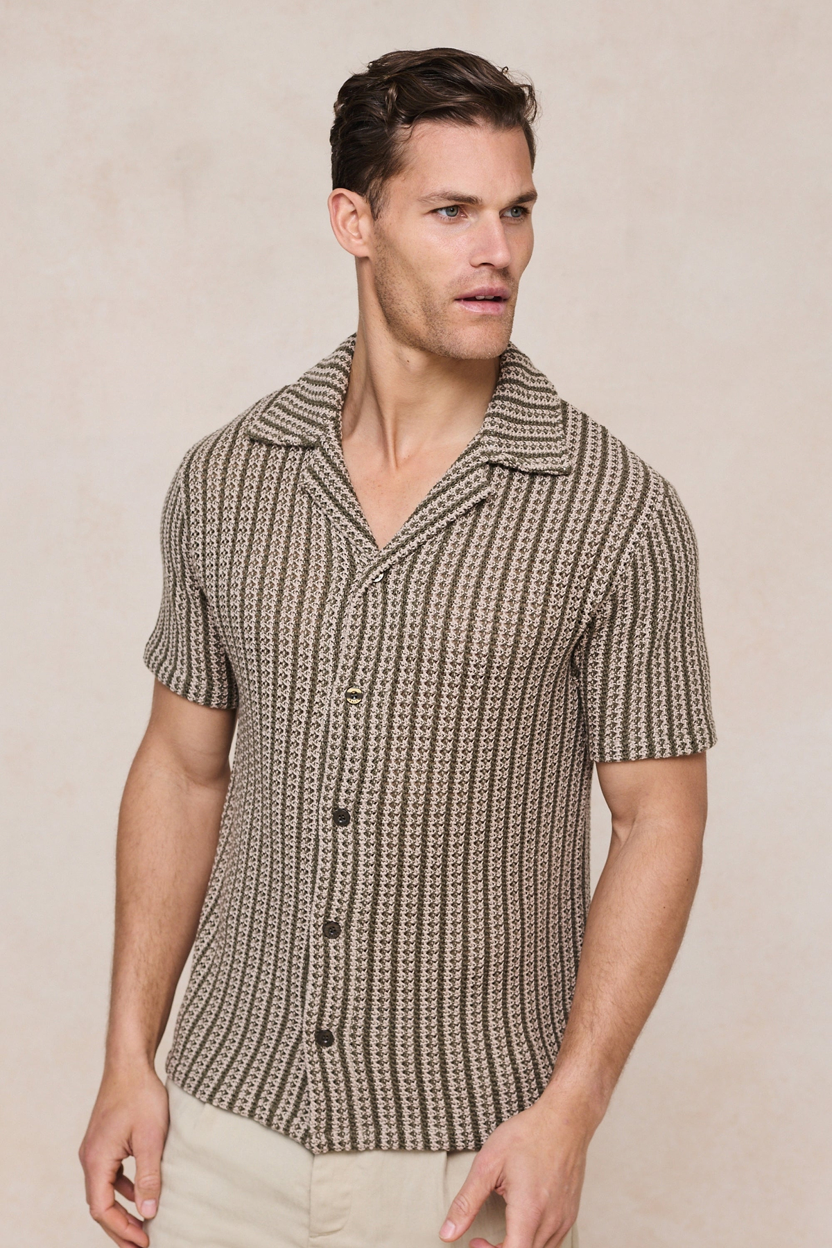 Salvador Knitted Camp Collar Shirt - Khaki/Sand