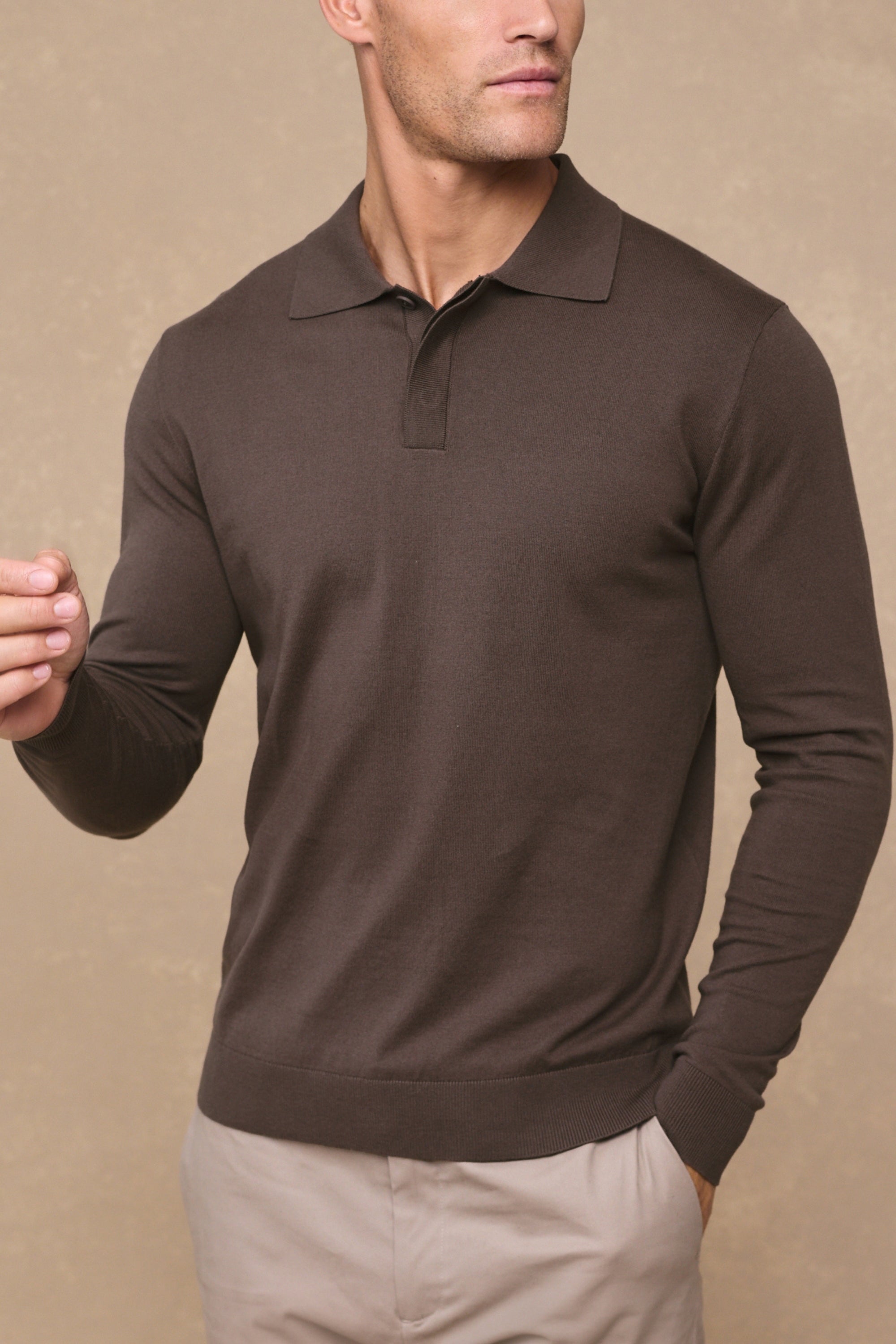 Andre Cotton Long Sleeve Button Polo - Mocha