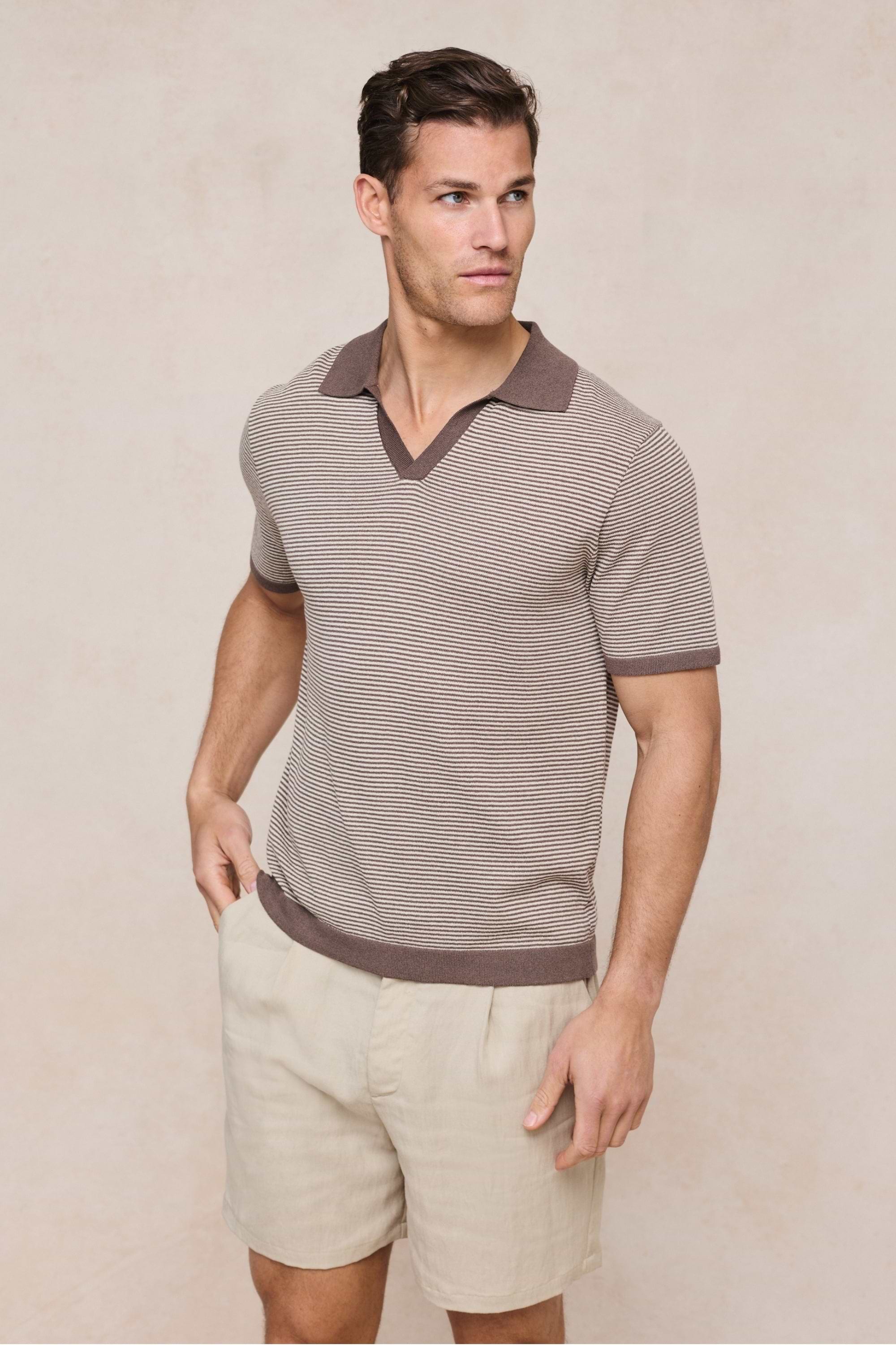 Antonio Contrast Trim Striped Linen Polo - Brown/Beige