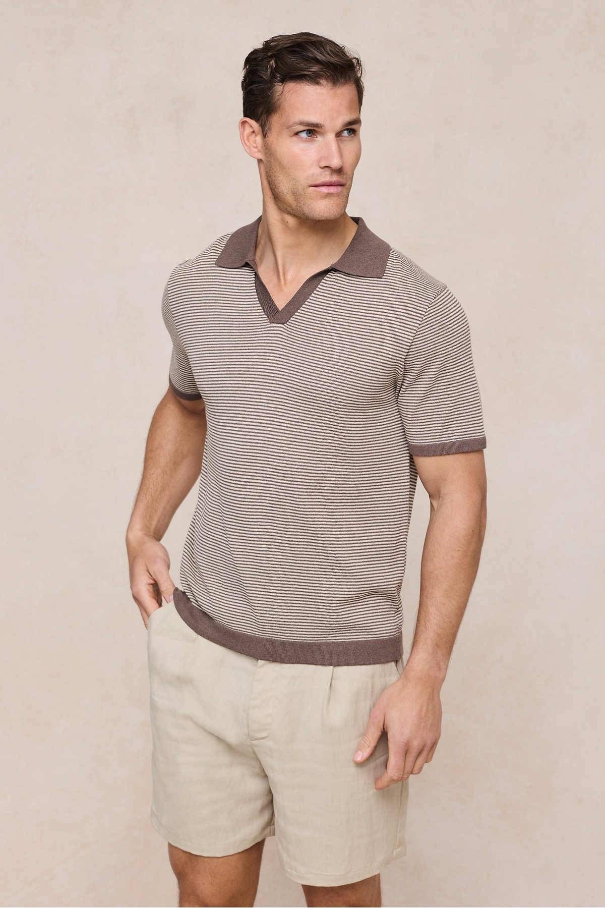 Antonio Contrast Trim Striped Linen Polo - Brown/Beige