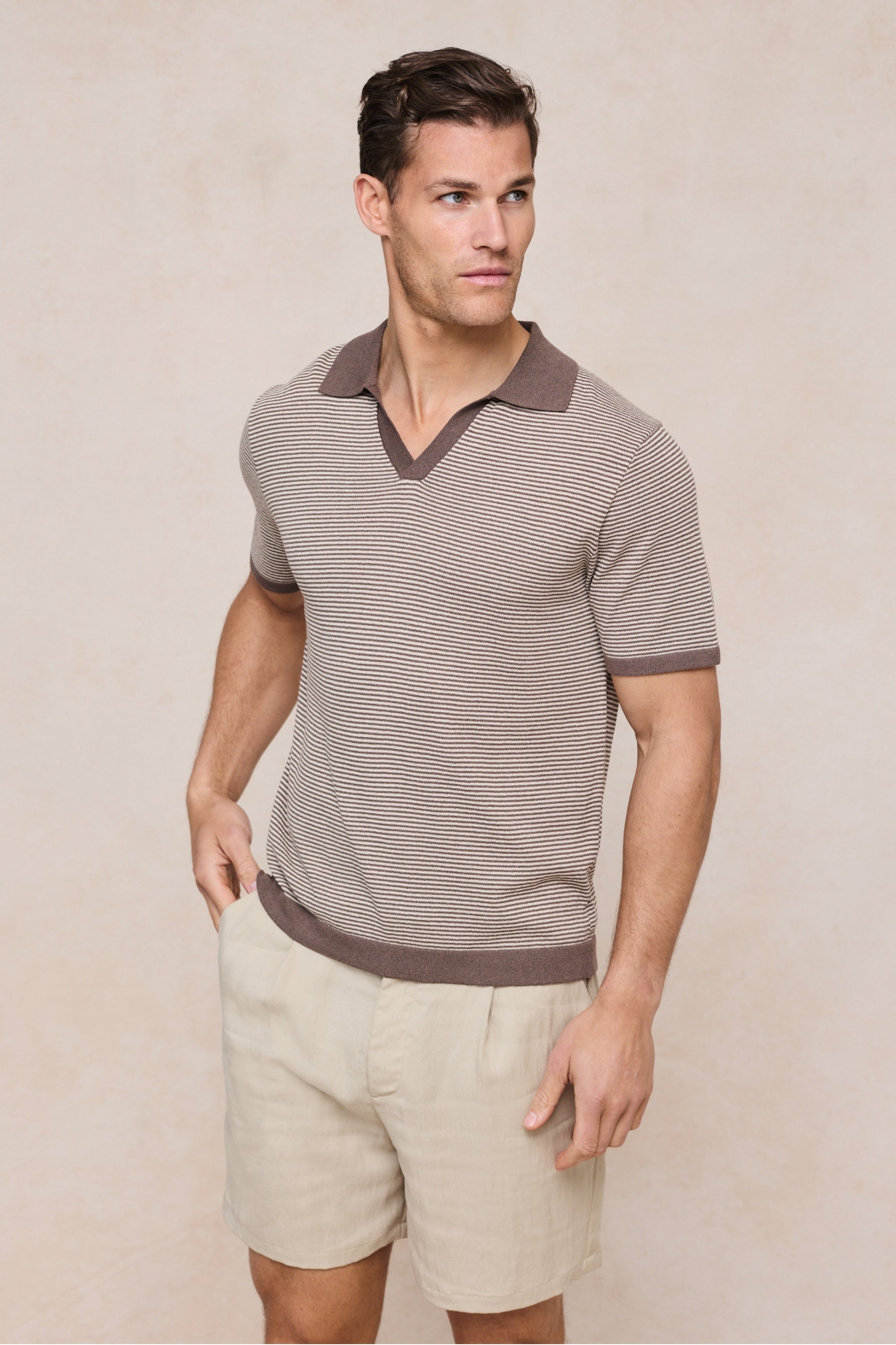 Antonio Contrast Trim Striped Linen Polo - Brown/Beige