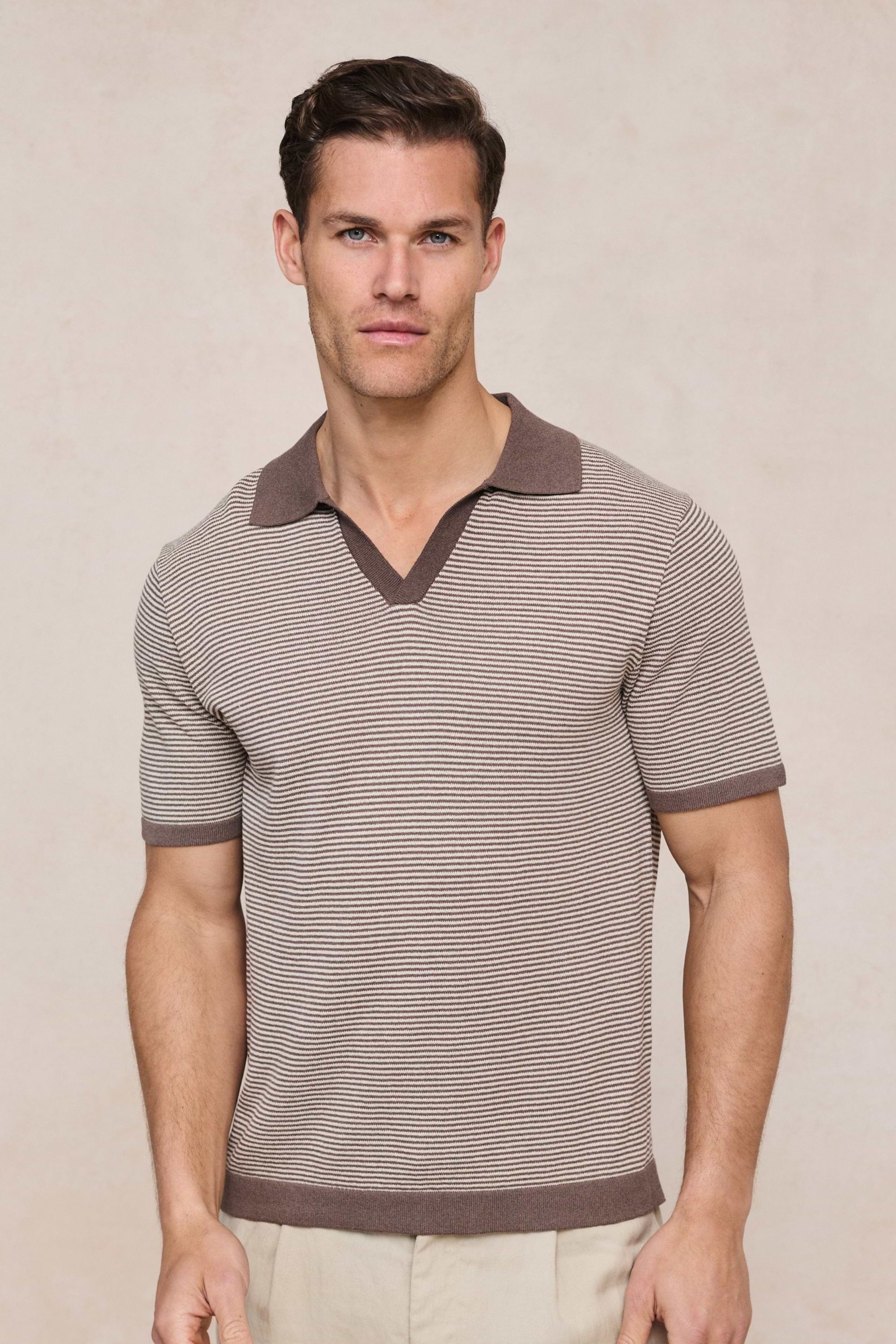 Antonio Contrast Trim Striped Linen Polo - Brown/Beige