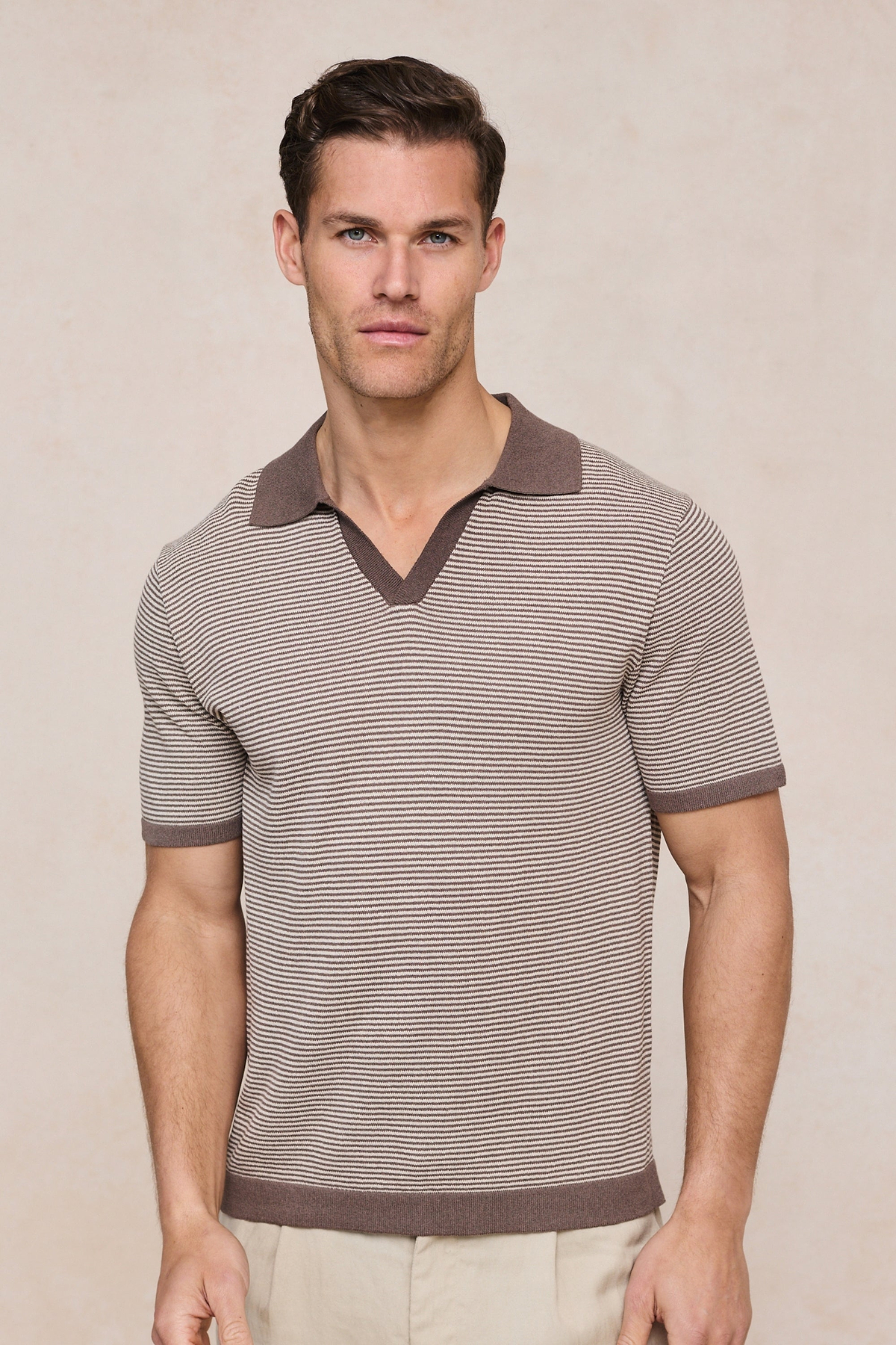 Antonio Contrast Trim Striped Linen Polo - Brown/Beige