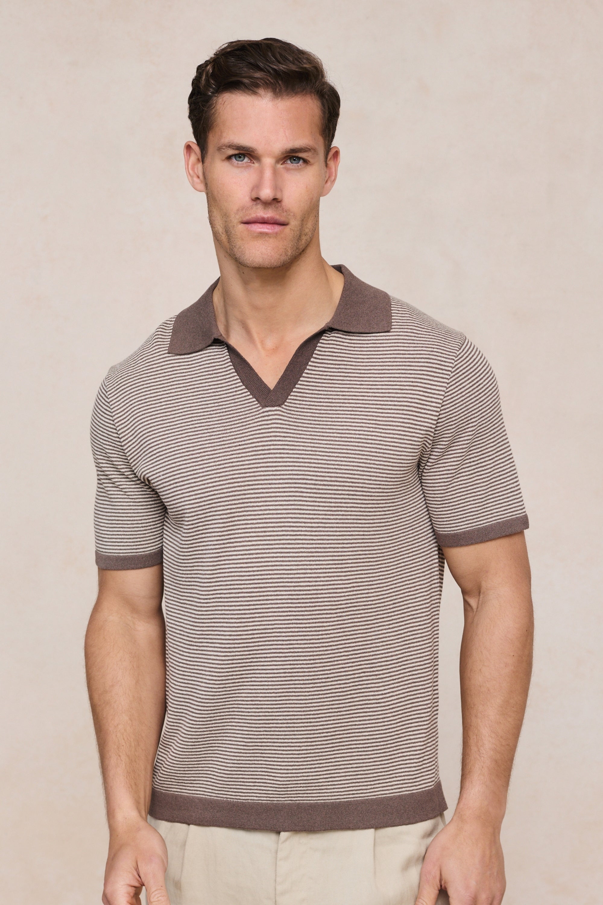 Antonio Contrast Trim Striped Linen Polo - Brown/Beige