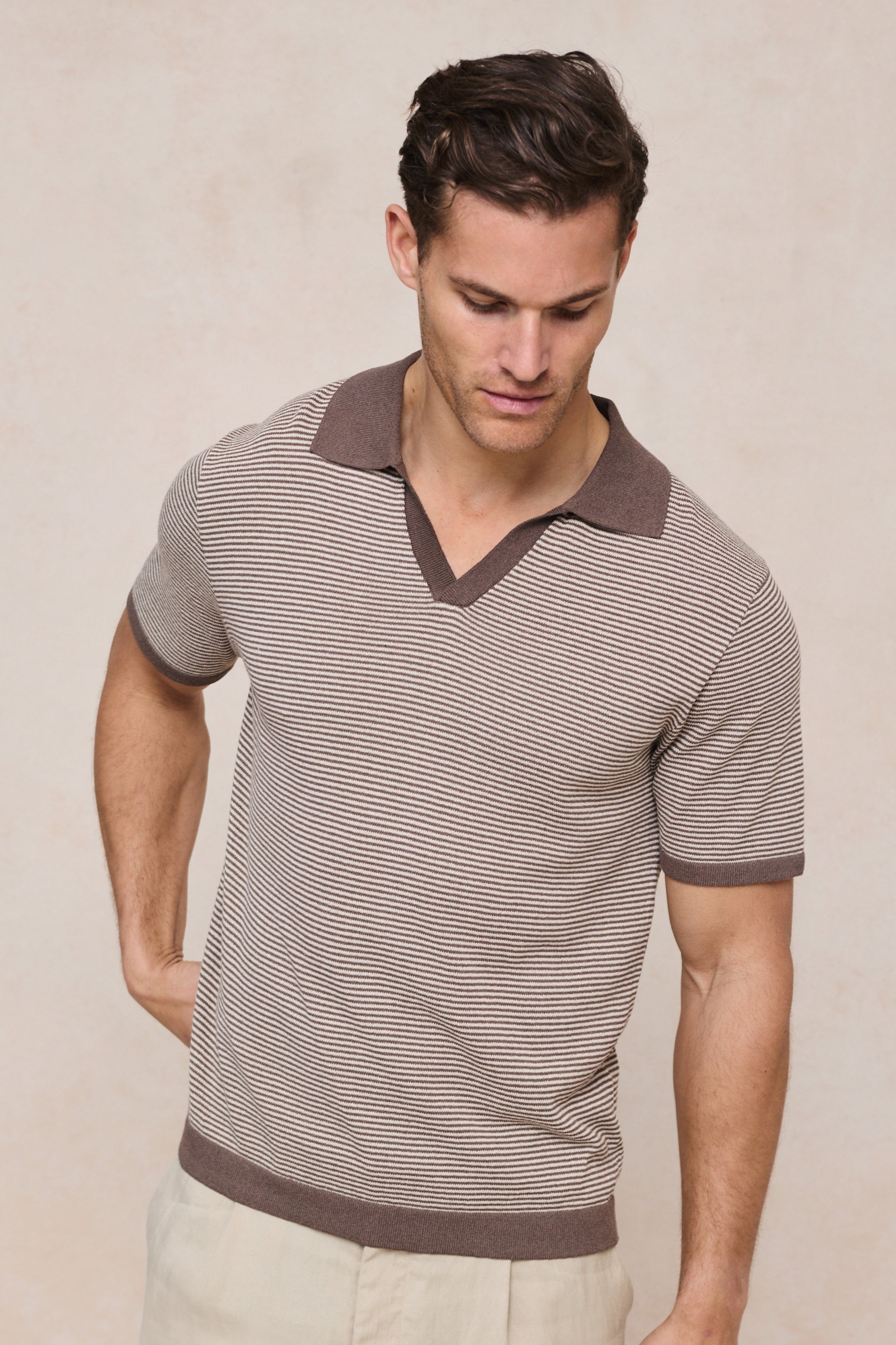 Antonio Contrast Trim Striped Linen Polo - Brown/Beige