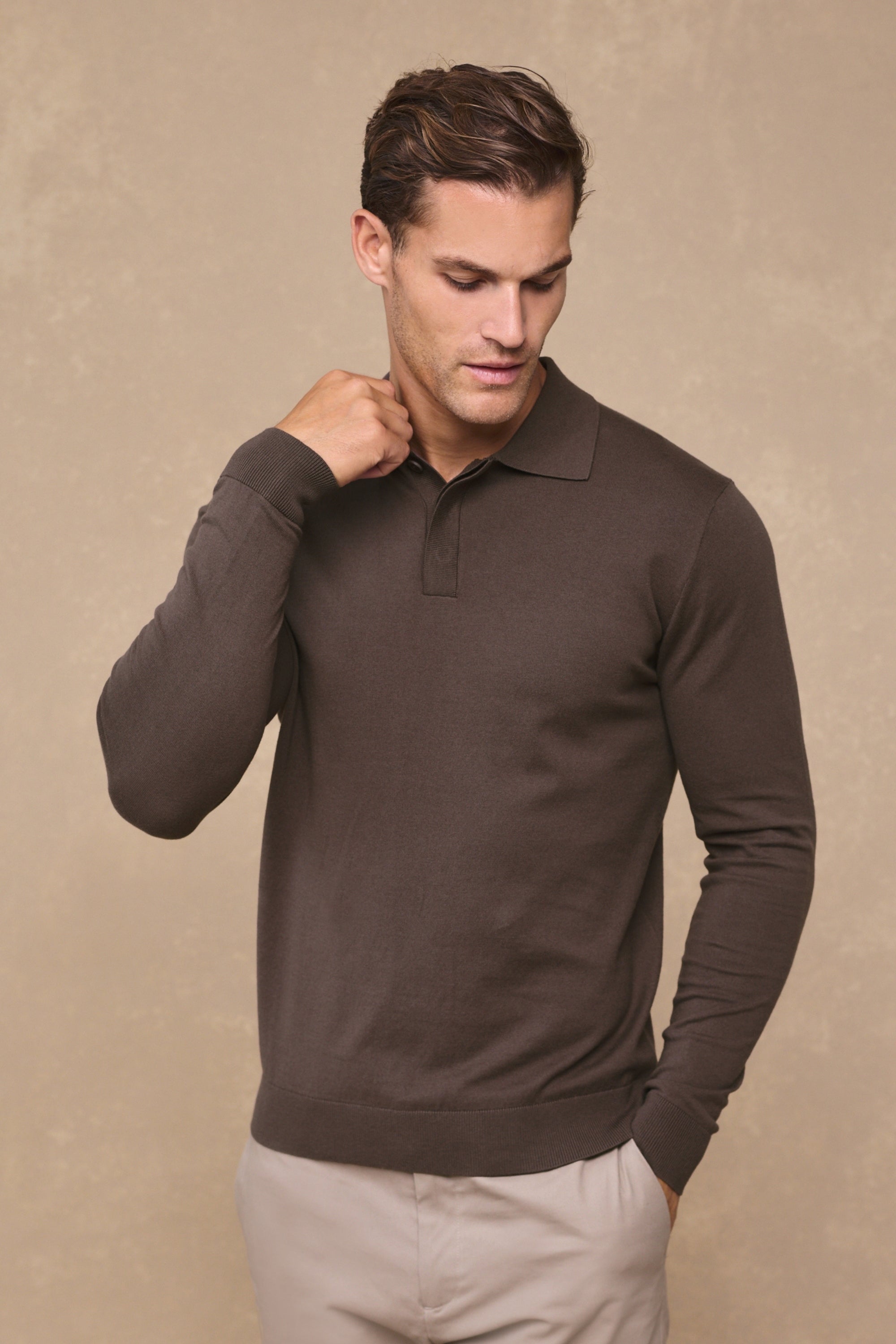 Andre Cotton Long Sleeve Button Polo - Mocha